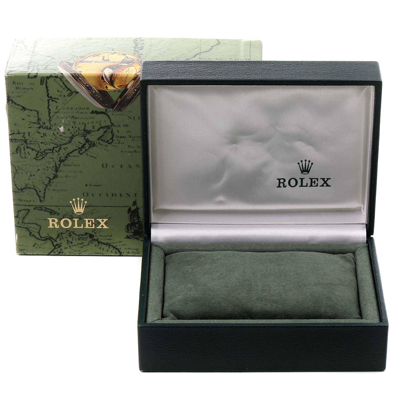 The image shows the packaging of a Rolex President 69178 Women
s Yellow Gold Champagne Dial 69178 Women
s Yellow Gold Champagne Dial model, including the box and green cushioning.