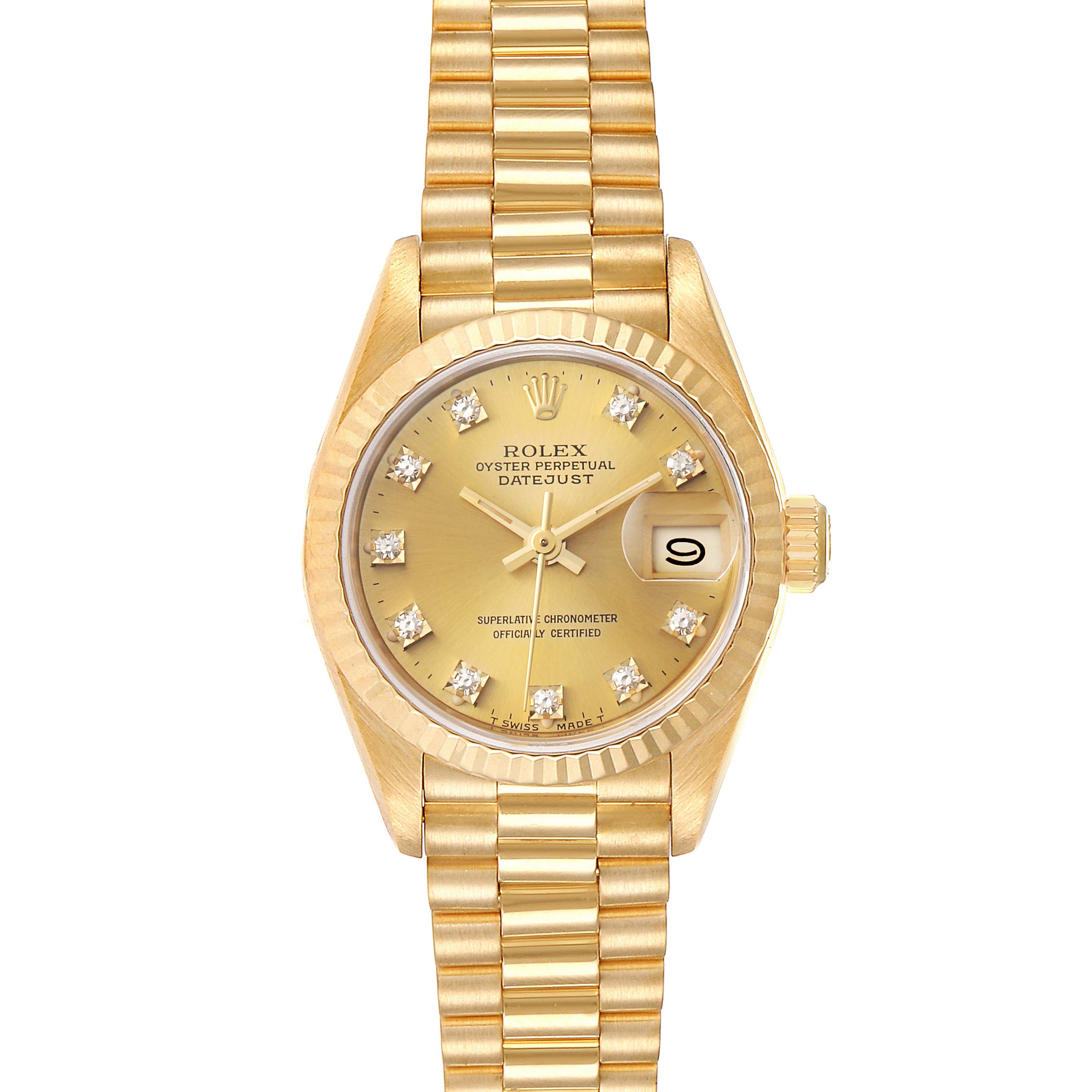The Rolex President 69178 Women
s Yellow Gold Champagne Dial 69178 Women
s Yellow Gold Champagne Dial model watch is shown from a top view, displaying its gold dial, diamond markers, and gold bracelet.
