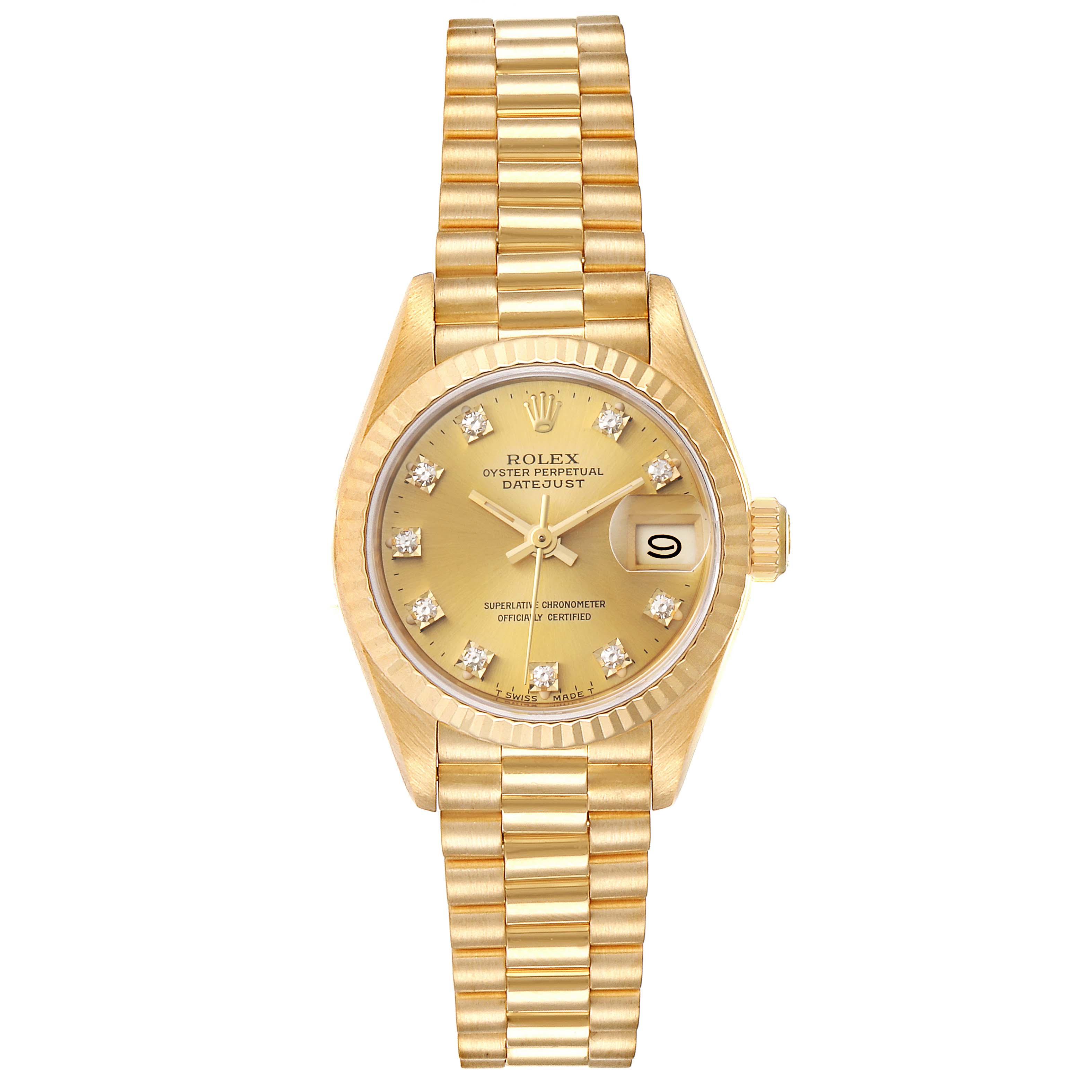 This image shows a front view of a Rolex President 69178 Women
s Yellow Gold Champagne Dial 69178 Women
s Yellow Gold Champagne Dial model, displaying its dial, bezel, bracelet, and date window.