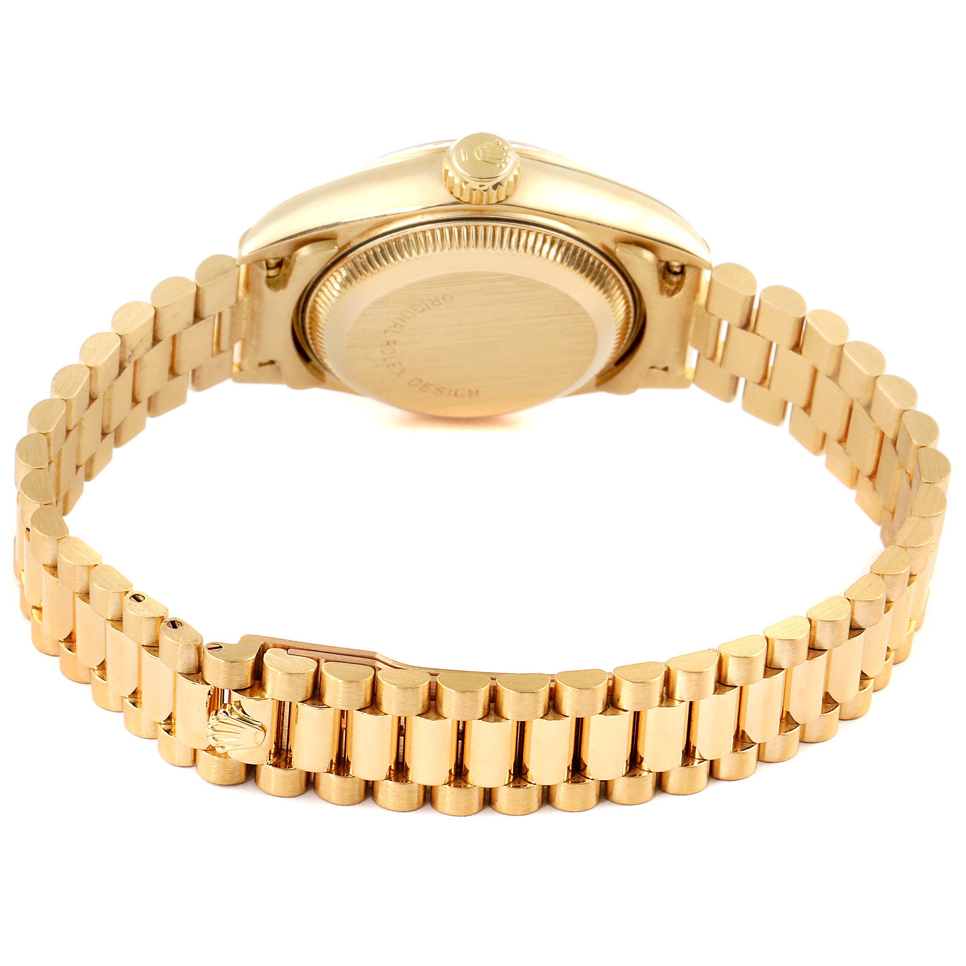 This image shows the back view of a Rolex President 69178 Women
s Yellow Gold Champagne Dial 69178 Women
s Yellow Gold Champagne Dial model watch, highlighting its bracelet, clasp, and case back.