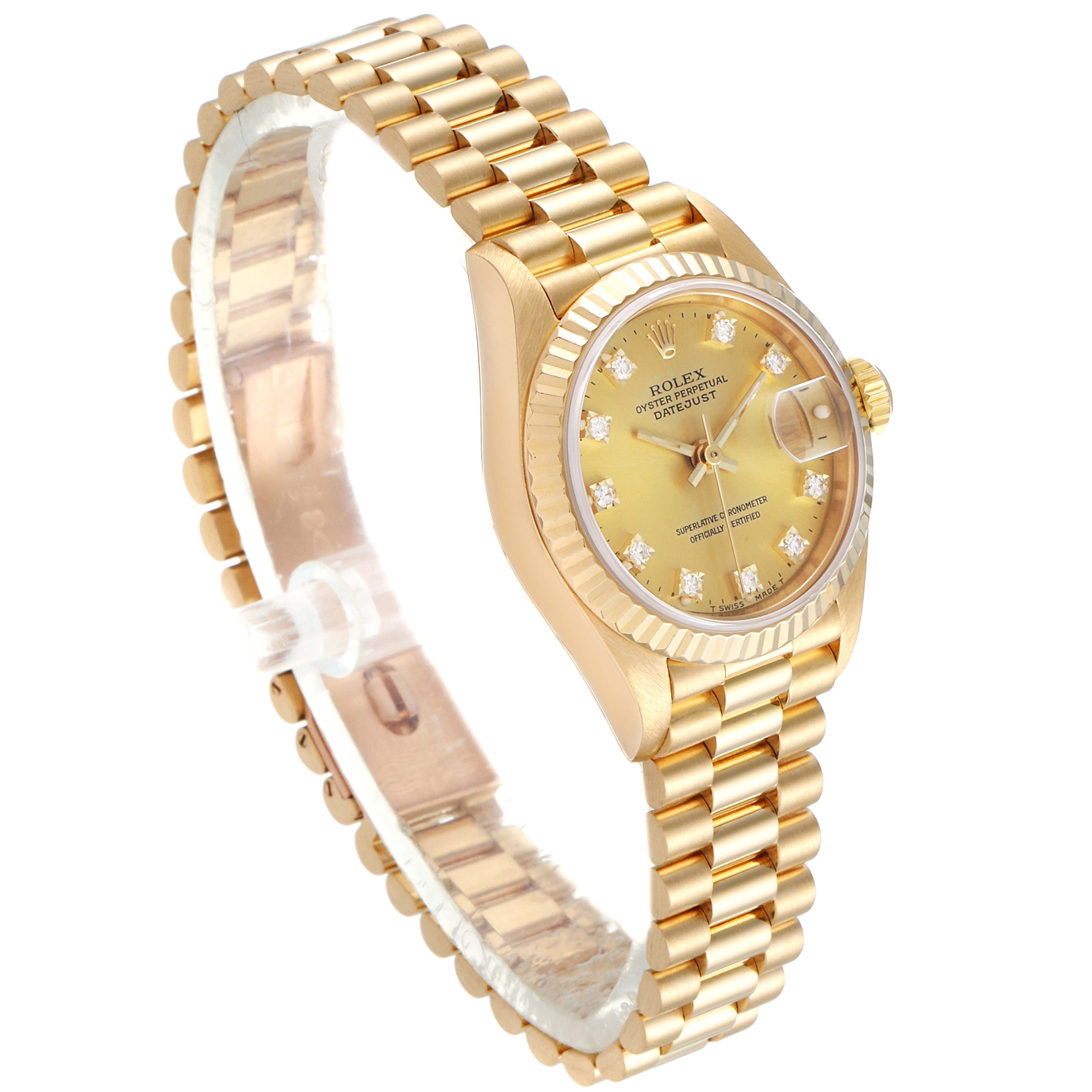 The Rolex President 69178 Women
s Yellow Gold Champagne Dial 69178 Women
s Yellow Gold Champagne Dial model watch is shown at a slight angle, displaying the bracelet, bezel, dial, and crown.