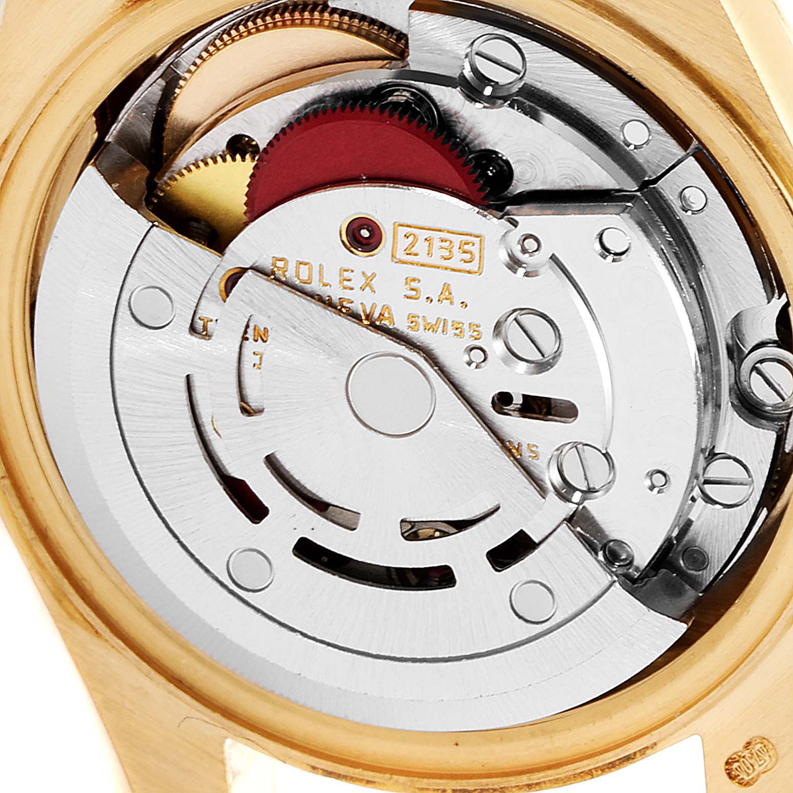 The image shows the internal movement components of a Rolex President 69178 Women
s Yellow Gold Champagne Dial 69178 Women
s Yellow Gold Champagne Dial model watch from a close-up angle.