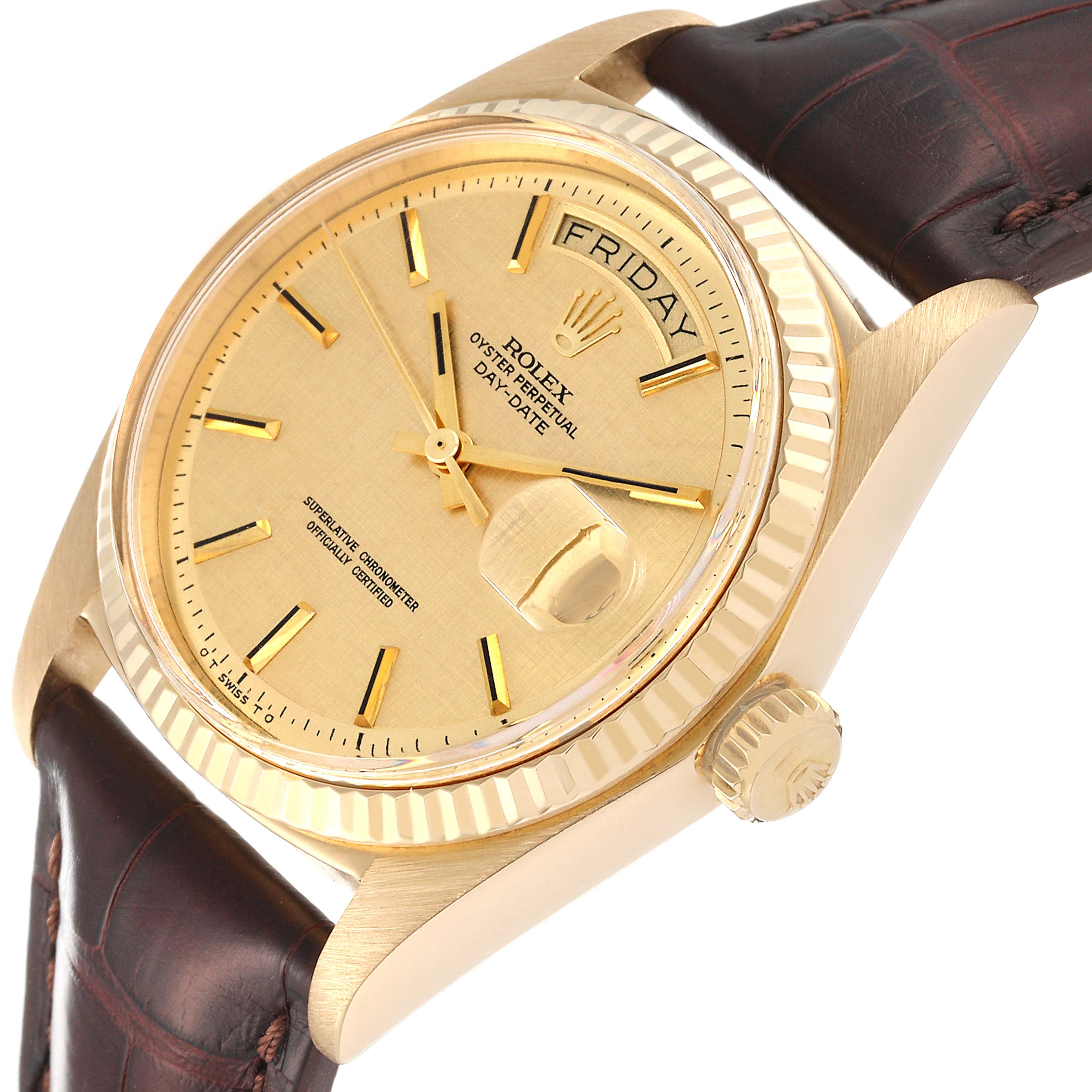 The Rolex President 1803 Men
s Yellow Gold Champagne Dial 1803 Men
s Yellow Gold Champagne Dial watch is shown at an angle displaying the face, crown, and part of the leather strap.