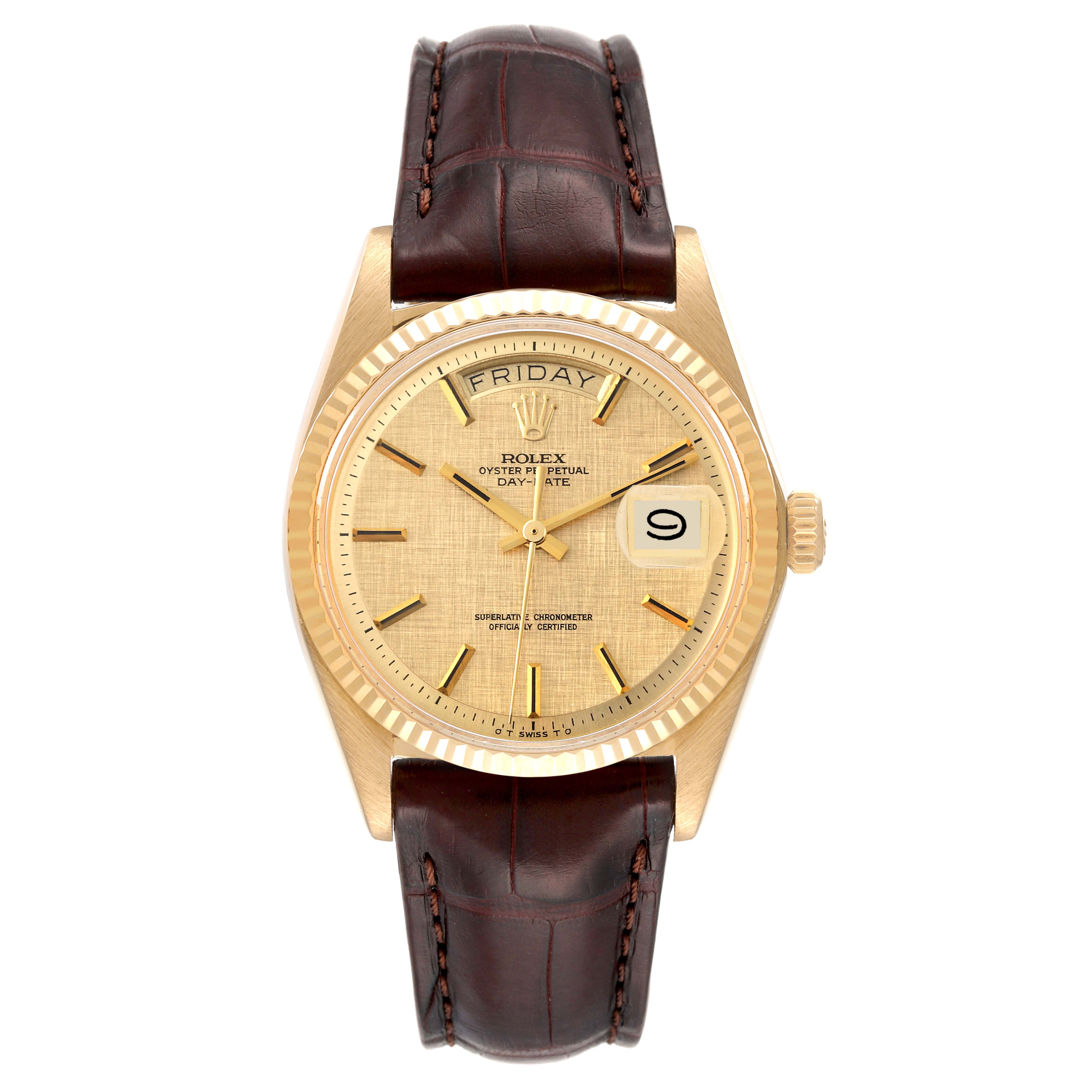 This image shows a front view of a Rolex President 1803 Men
s Yellow Gold Champagne Dial 1803 Men
s Yellow Gold Champagne Dial model watch with a gold dial and brown leather strap.