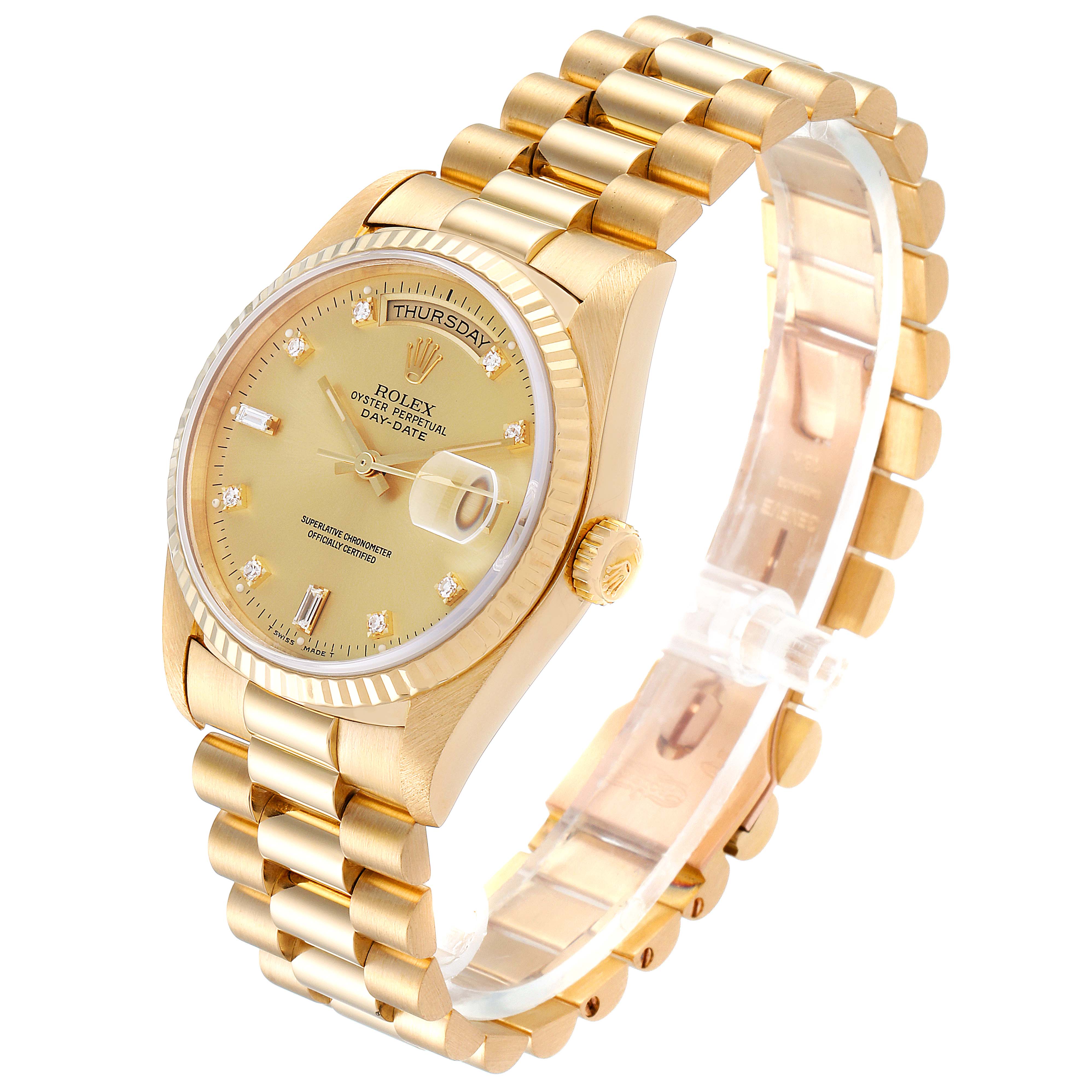 This image shows a Rolex President 18238 Men's Yellow Gold Champagne Dial 18238 Men's Yellow Gold Champagne Dial model watch, focusing on the watch face, case, crown, and full bracelet at a slight angle.