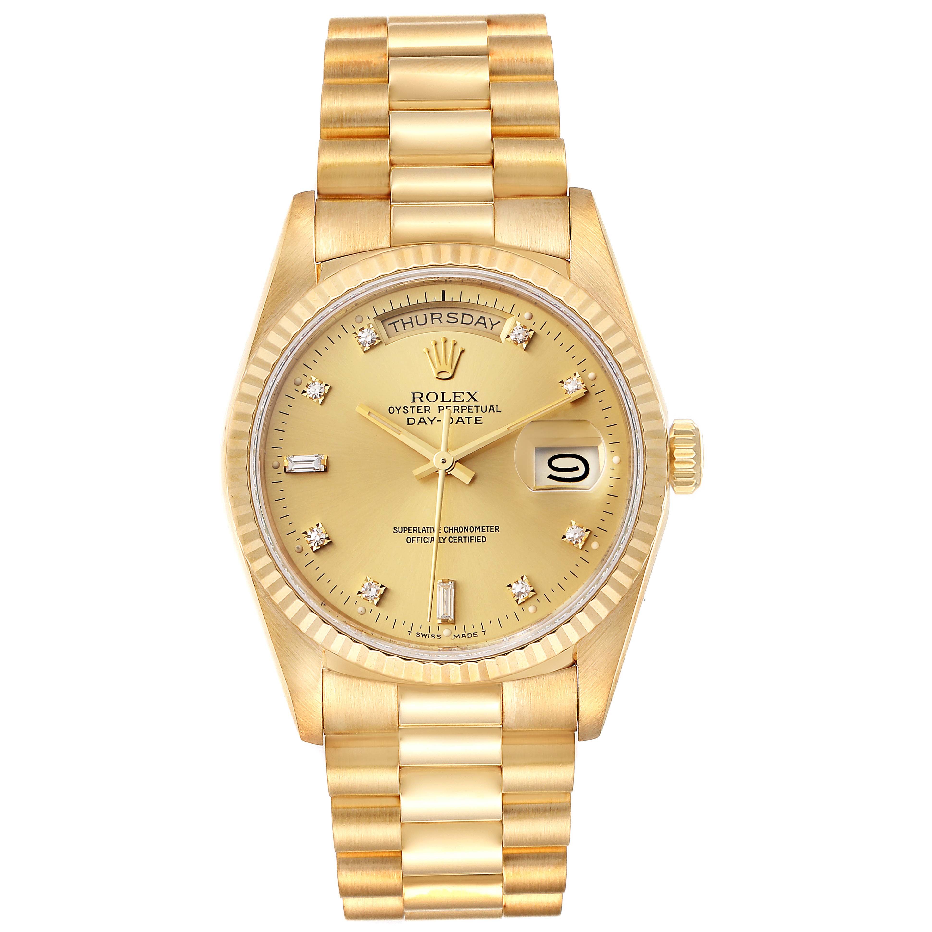 The image shows a front view of the Rolex President 18238 Men's Yellow Gold Champagne Dial 18238 Men's Yellow Gold Champagne Dial Day-Date watch, displaying the dial, bezel, and bracelet.