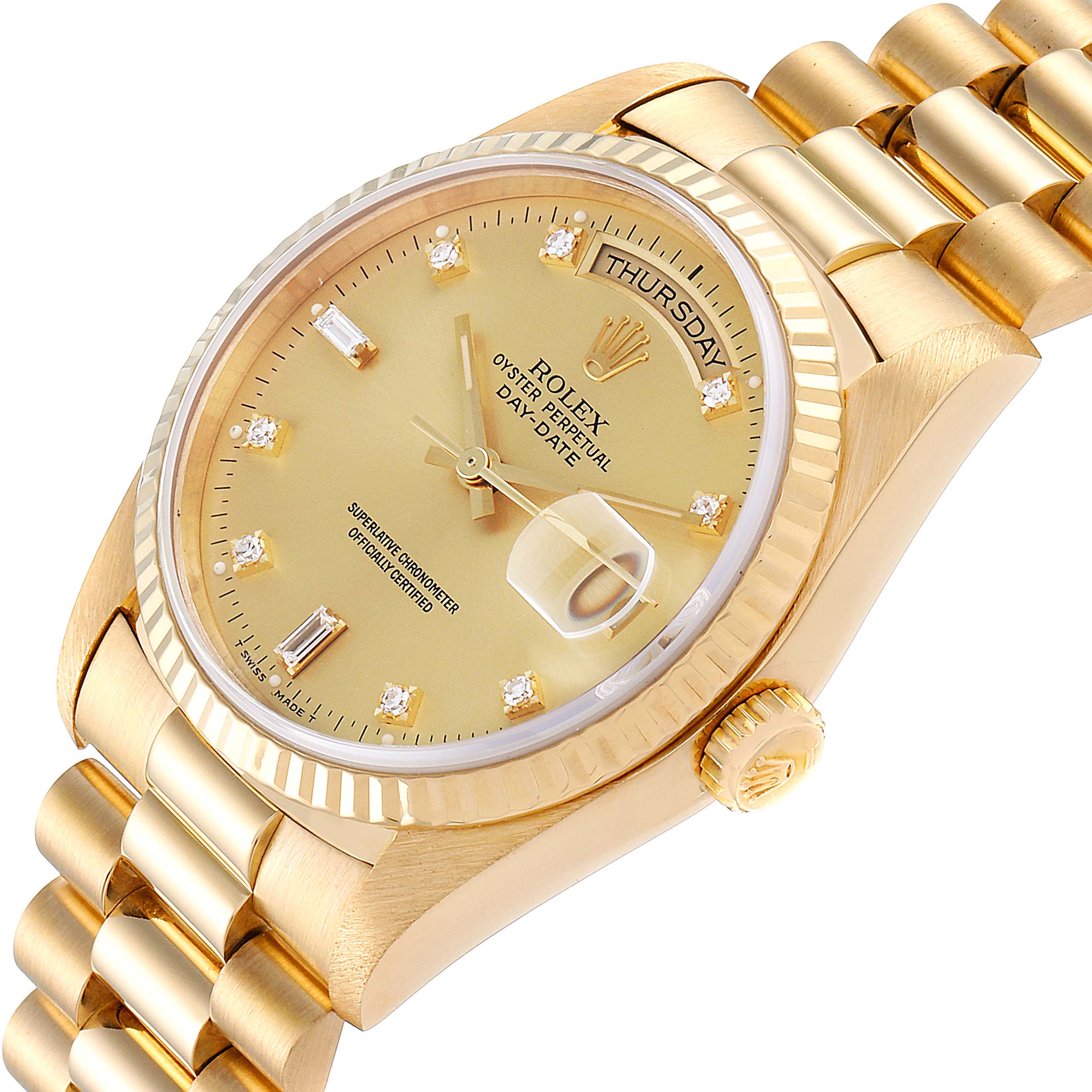 The image shows a Rolex President 18238 Men's Yellow Gold Champagne Dial 18238 Men's Yellow Gold Champagne Dial model watch from an angled top-down view, highlighting the dial, bracelet, and crown.