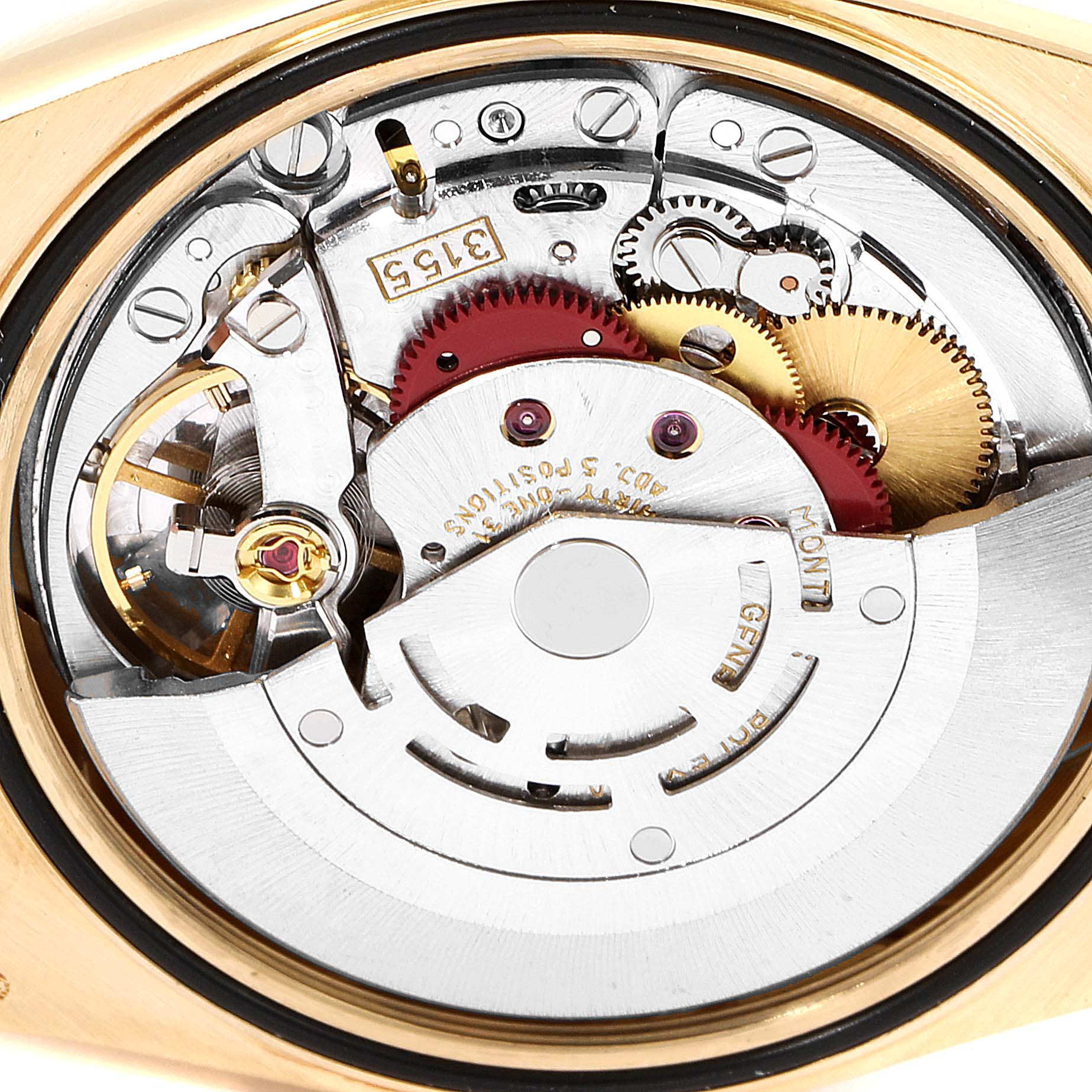 This image shows the inner mechanical components of the Rolex President 18238 Men's Yellow Gold Champagne Dial 18238 Men's Yellow Gold Champagne Dial model watch from a rear angle.