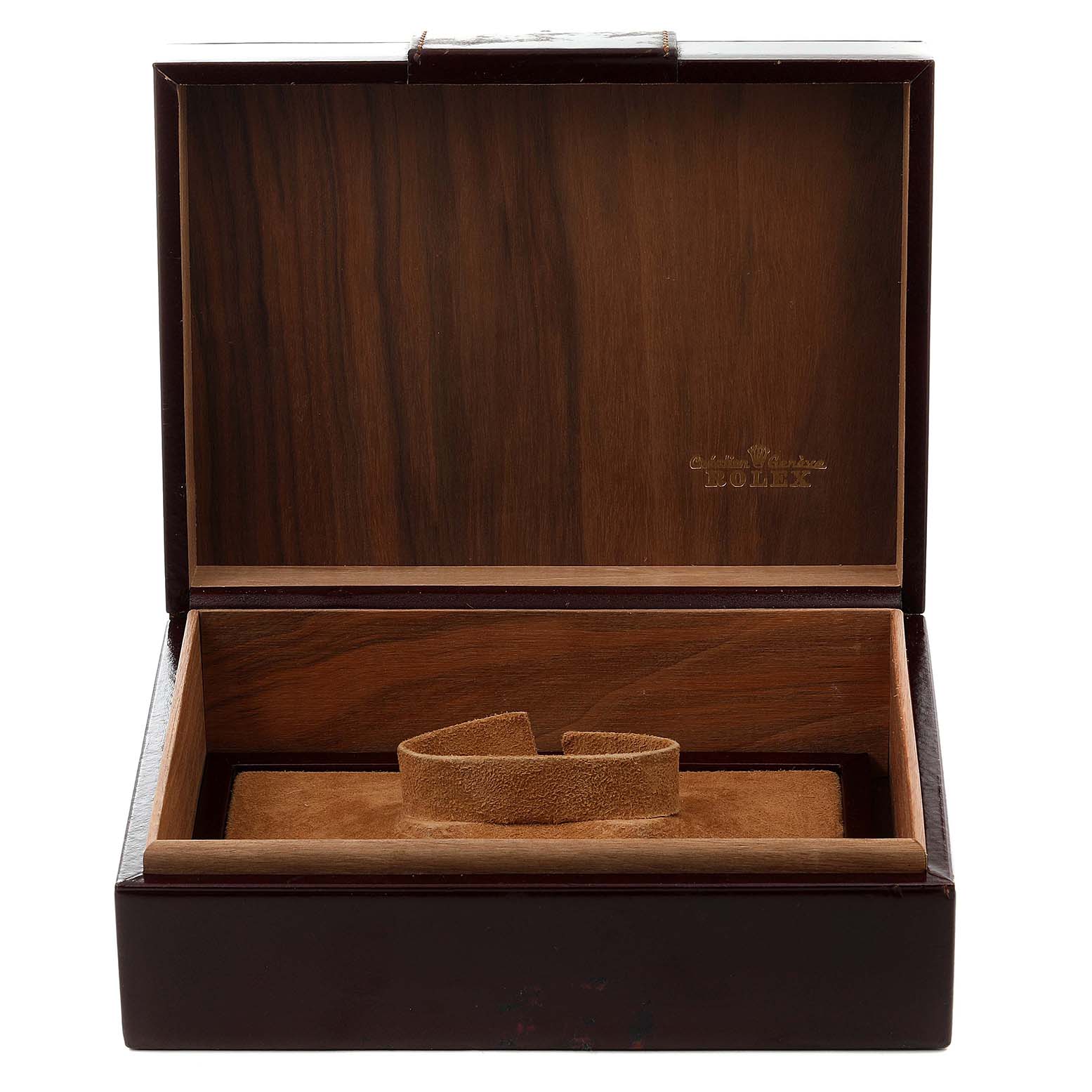 The image shows an open Rolex President 18238 Men's Yellow Gold Champagne Dial 18238 Men's Yellow Gold Champagne Dial model watch box, mainly displaying the interior and the cushion for the watch.