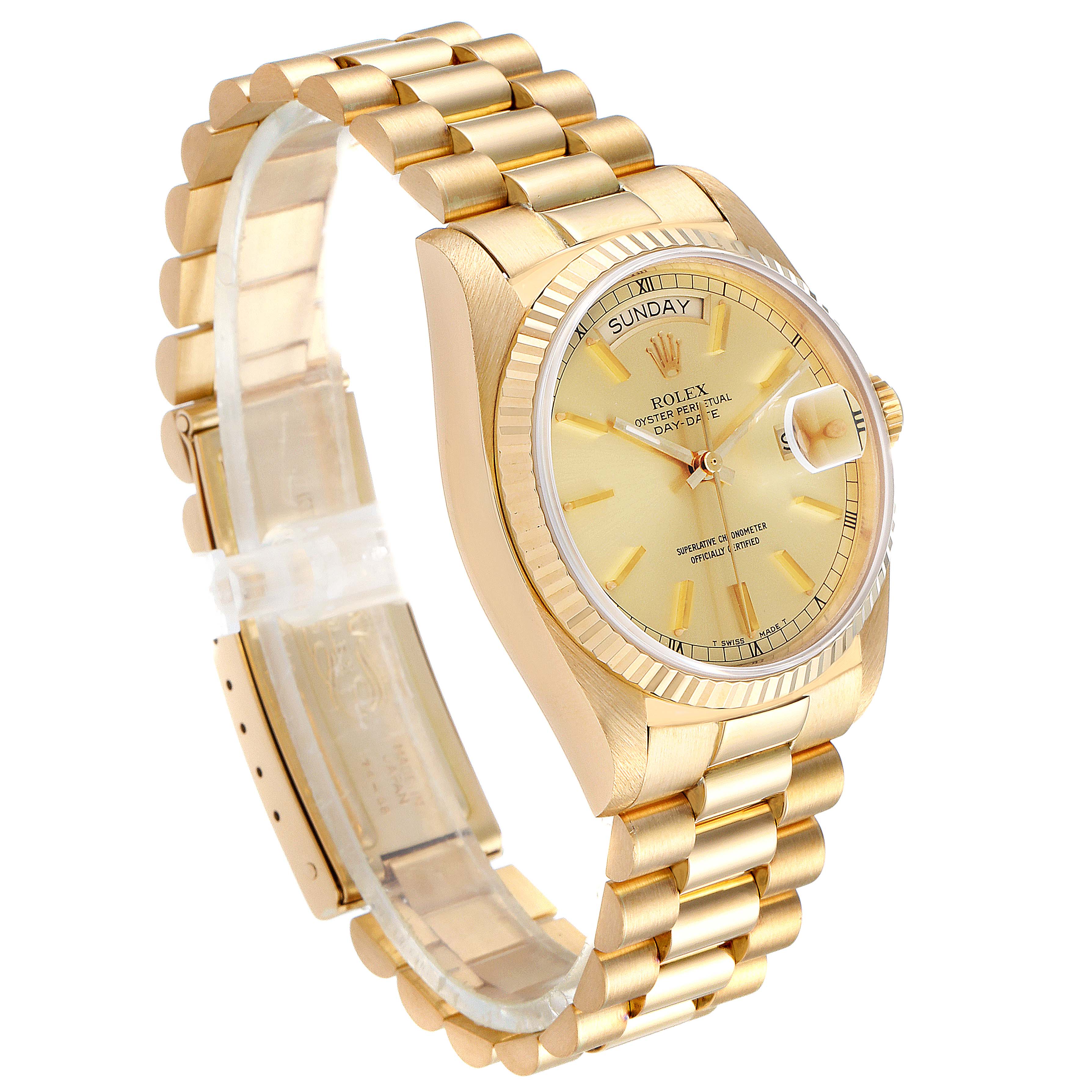 The image shows a Rolex President 18038 Men
s Yellow Gold Champagne Dial 18038 Men
s Yellow Gold Champagne Dial model watch at a 3/4 angle, displaying its gold bracelet, dial, and day-date feature.