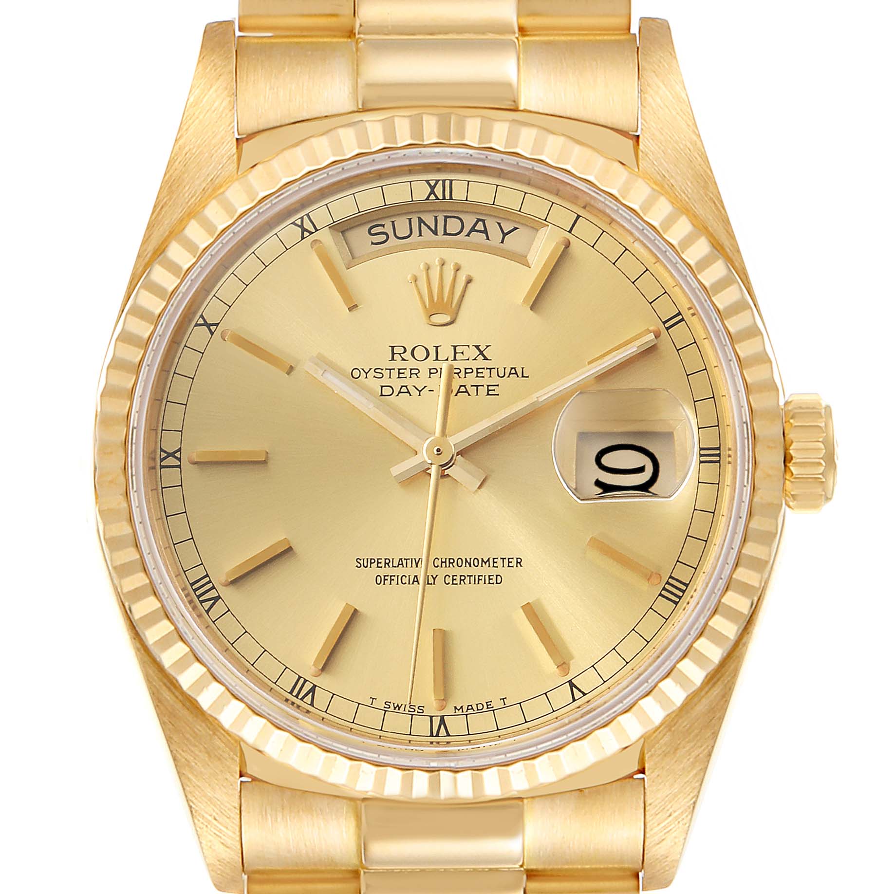 The image shows a front view of a Rolex President 18038 Men
s Yellow Gold Champagne Dial 18038 Men
s Yellow Gold Champagne Dial Day-Date watch, highlighting its gold dial, fluted bezel, and bracelet.