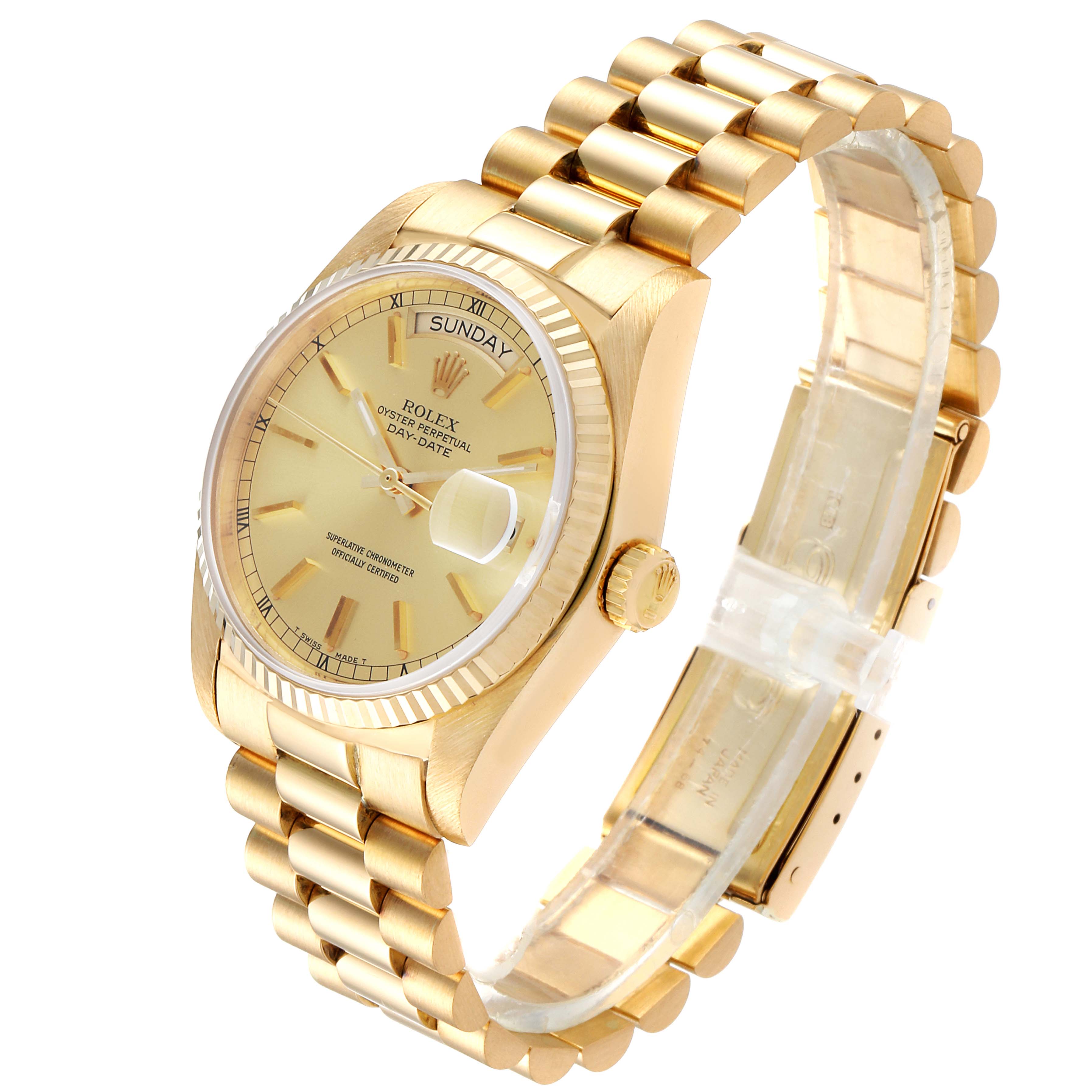 This image shows a side-angle view of the Rolex President 18038 Men
s Yellow Gold Champagne Dial 18038 Men
s Yellow Gold Champagne Dial model watch, highlighting the face, bezel, bracelet, and crown.