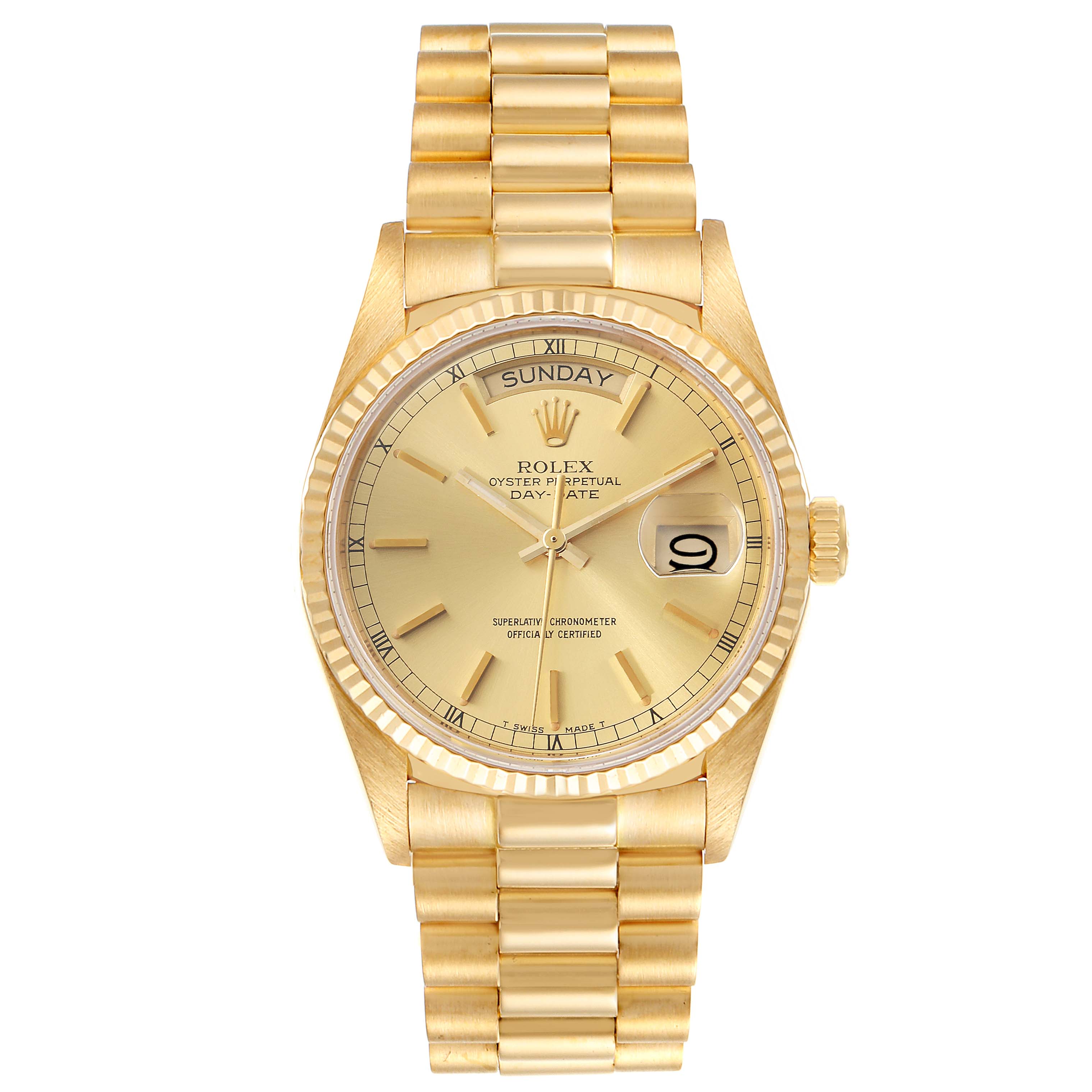 The image shows a Rolex President 18038 Men
s Yellow Gold Champagne Dial 18038 Men
s Yellow Gold Champagne Dial model watch from a top-down angle, highlighting the face, bezel, and bracelet.