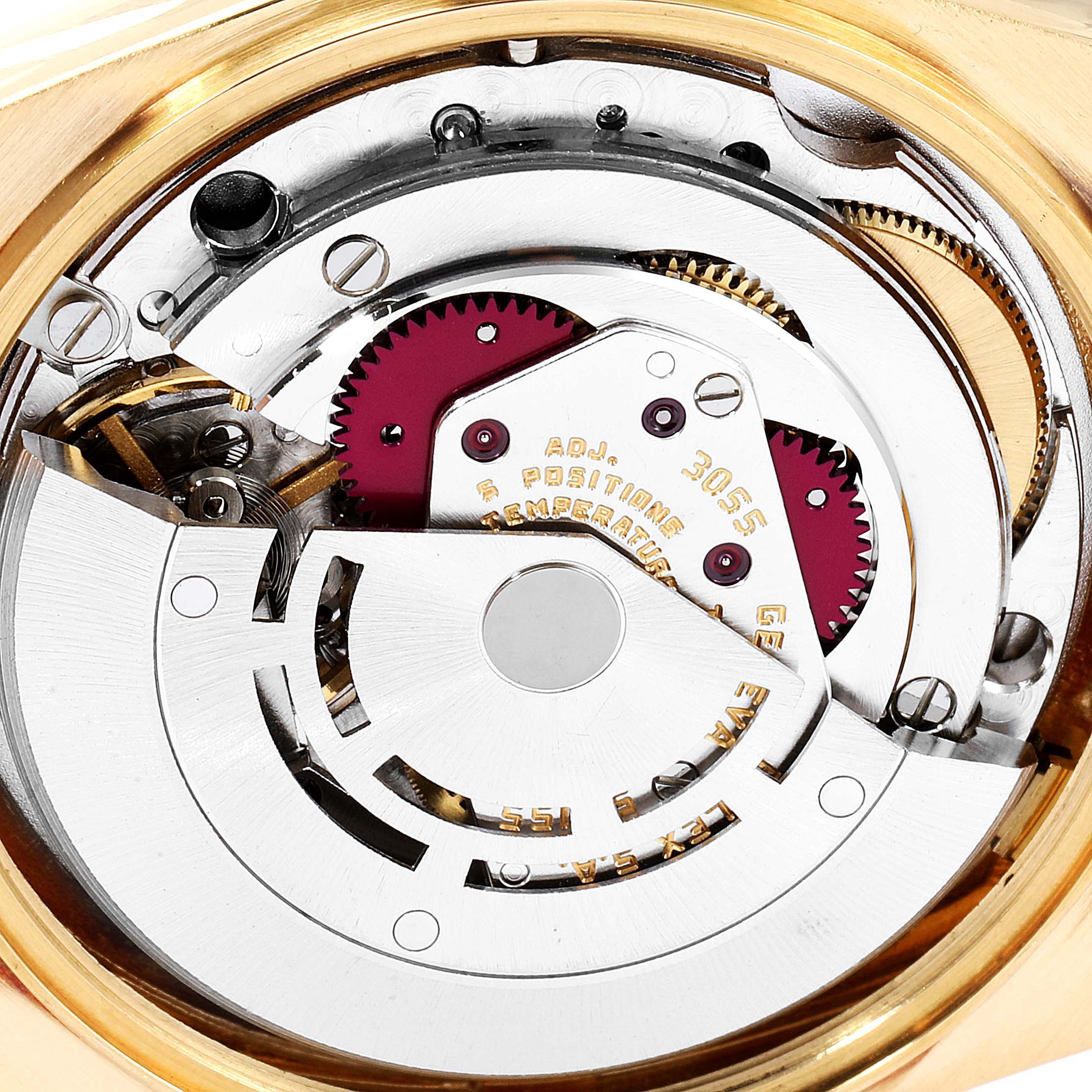 This image shows the movement and internal mechanisms of a Rolex President 18038 Men
s Yellow Gold Champagne Dial 18038 Men
s Yellow Gold Champagne Dial model watch up close.