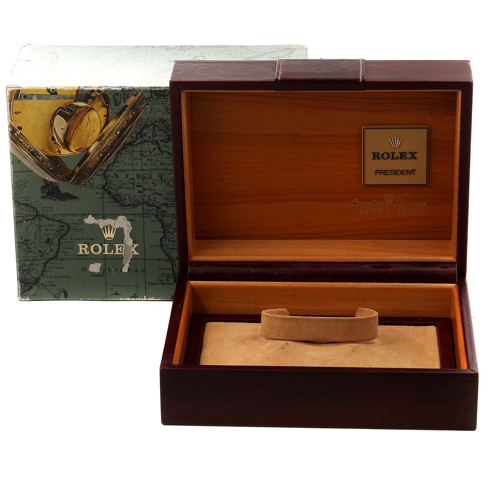 The image shows an open Rolex box for the President model, revealing its interior with the watch holder and packaging.