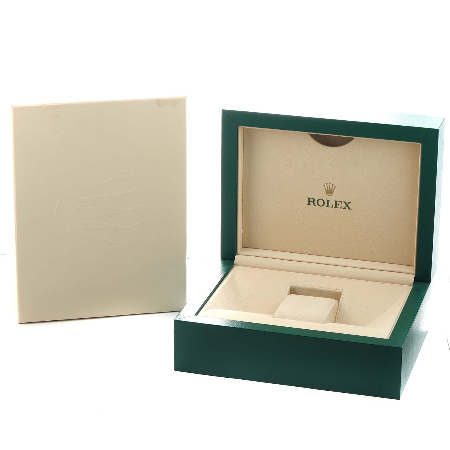 The image shows an open Rolex box for the President model, along with its outer packaging.