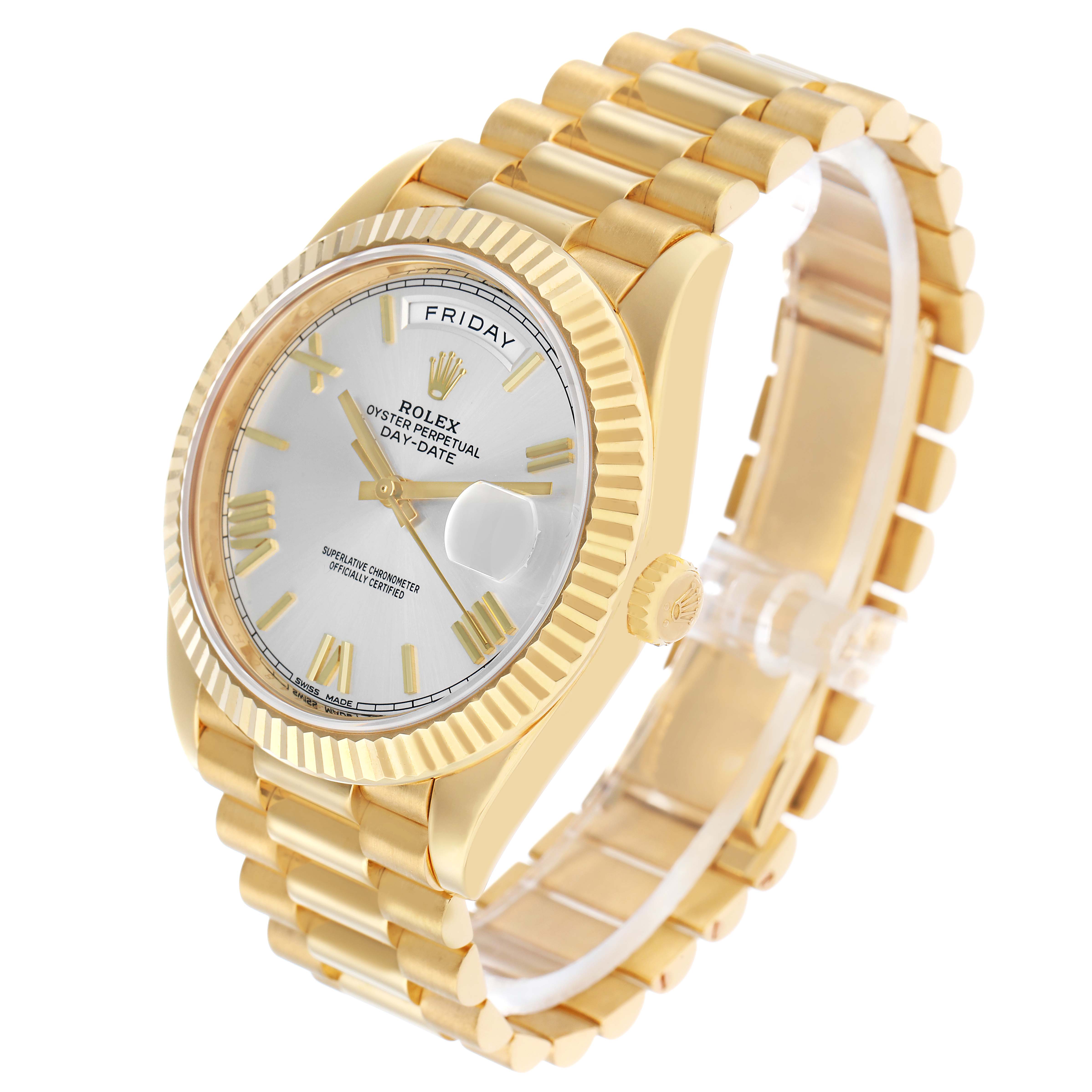 The Rolex President 228238 Men's Yellow Gold Silver Dial model watch is shown at a three-quarter angle, highlighting the gold bracelet, fluted bezel, and day-date display.