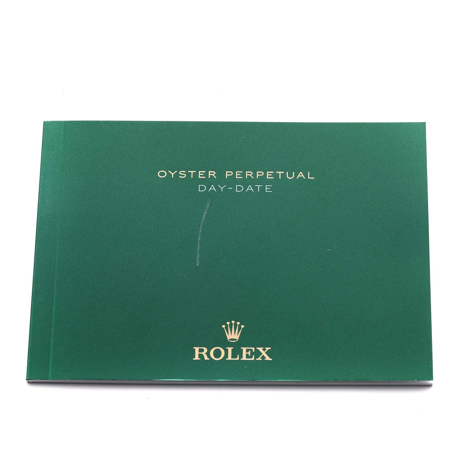 This image shows the green booklet for the Rolex Oyster Perpetual Day-Date President model from a top-down angle.