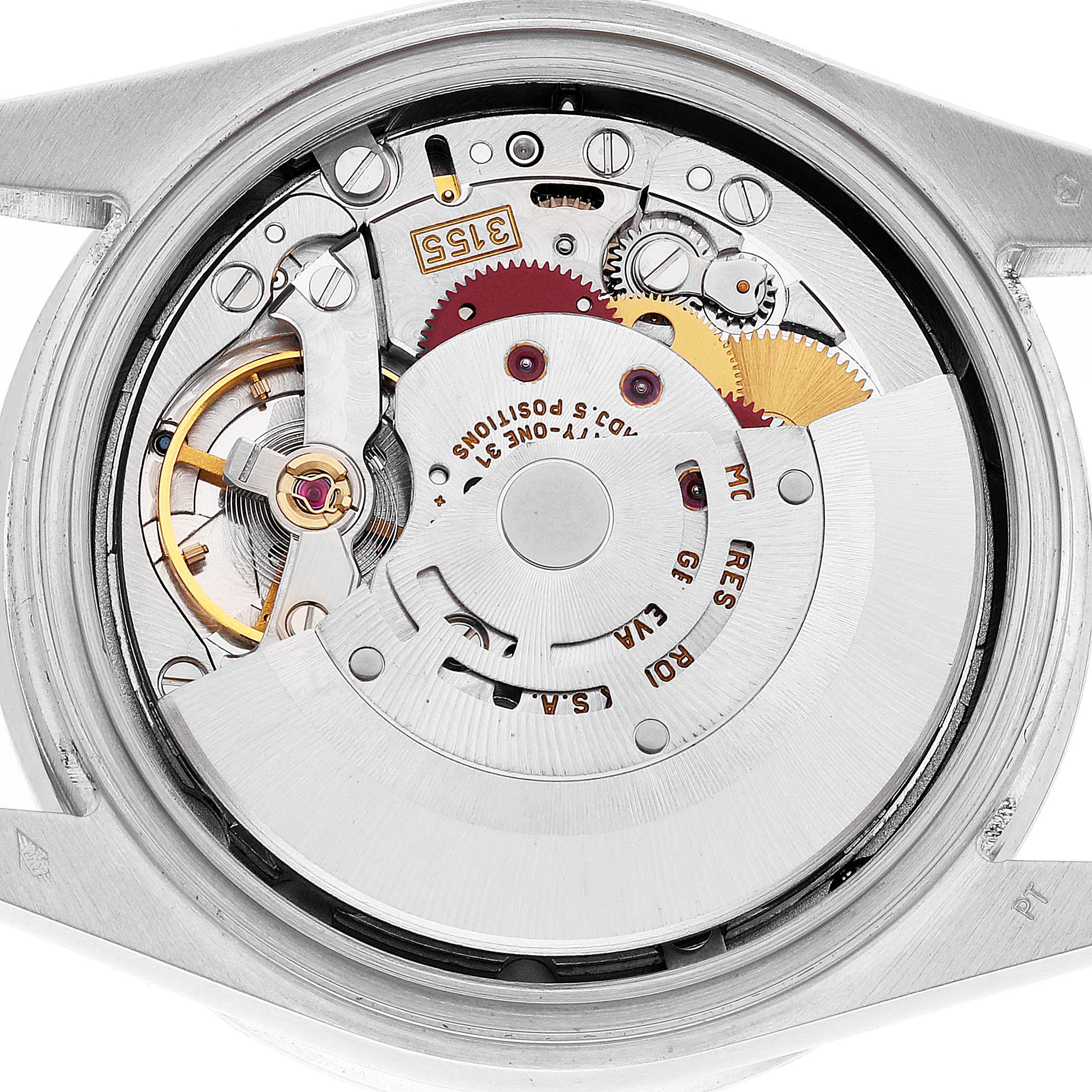 This image shows the inner mechanical movement of a Rolex President 118366 Men's Platinum Blue Dial 118366 Men's Platinum Blue Dial model watch, focusing on its intricate gears and components.