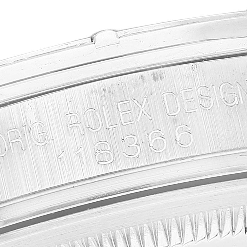 The image shows a close-up of the case back and model number engraving on a Rolex President 118366 Men's Platinum Blue Dial 118366 Men's Platinum Blue Dial watch.