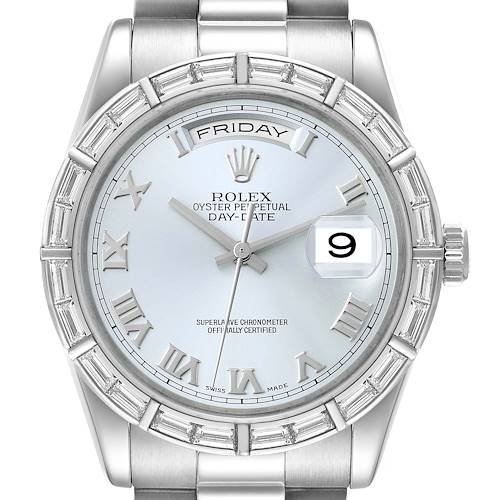Photo of Rolex President Day-Date Platinum Ice Blue Dial Diamond Bezel Watch 118366 Box