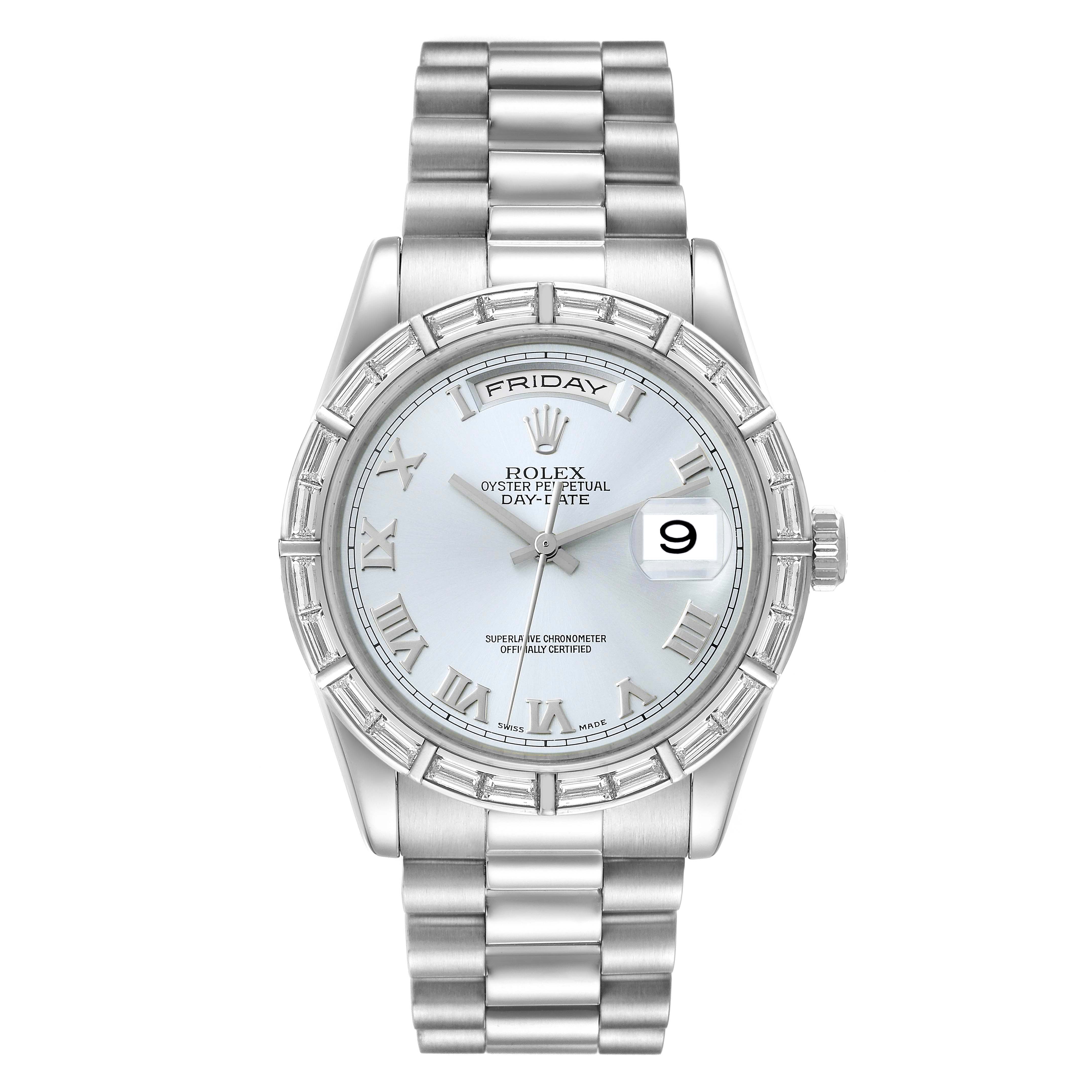 The image shows a Rolex President 118366 Men's Platinum Blue Dial 118366 Men's Platinum Blue Dial model watch from a front angle, displaying its dial, bezel, and bracelet.