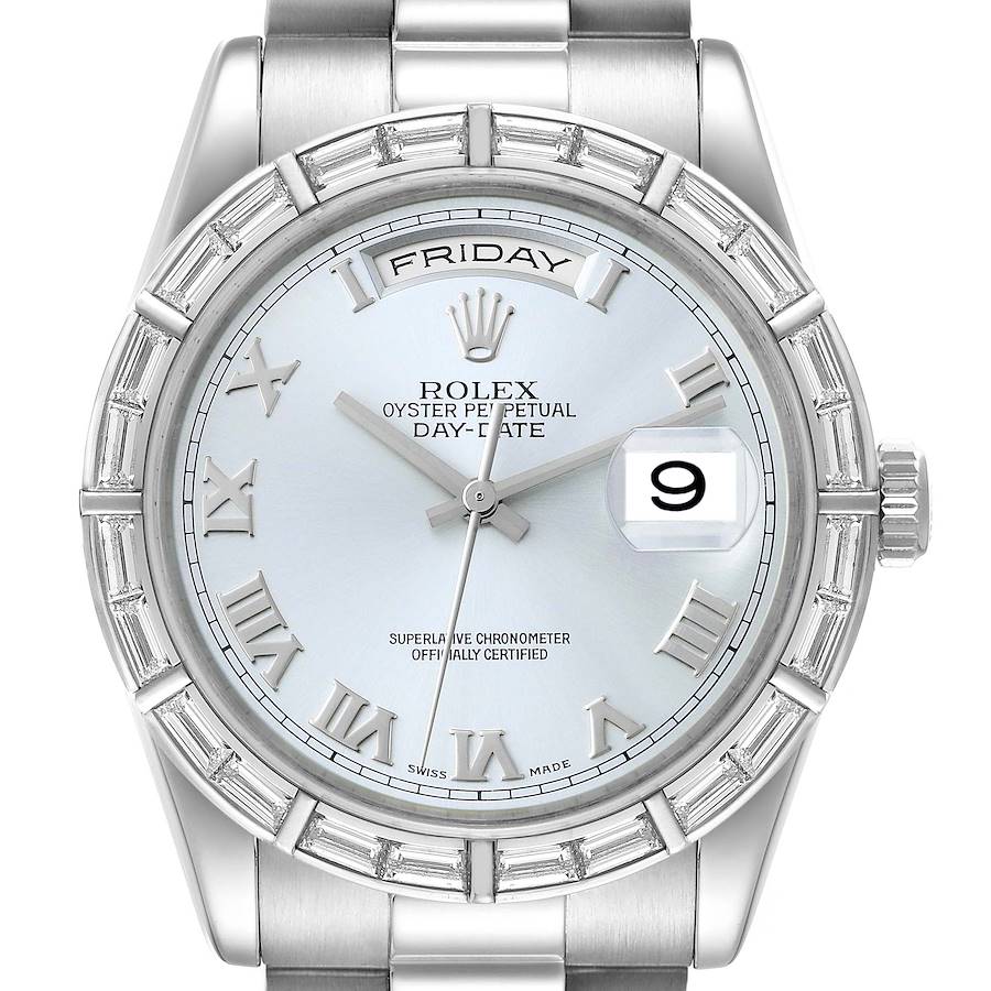 Rolex President Day-Date Platinum Ice Blue Dial Diamond Mens Watch 118366 SwissWatchExpo