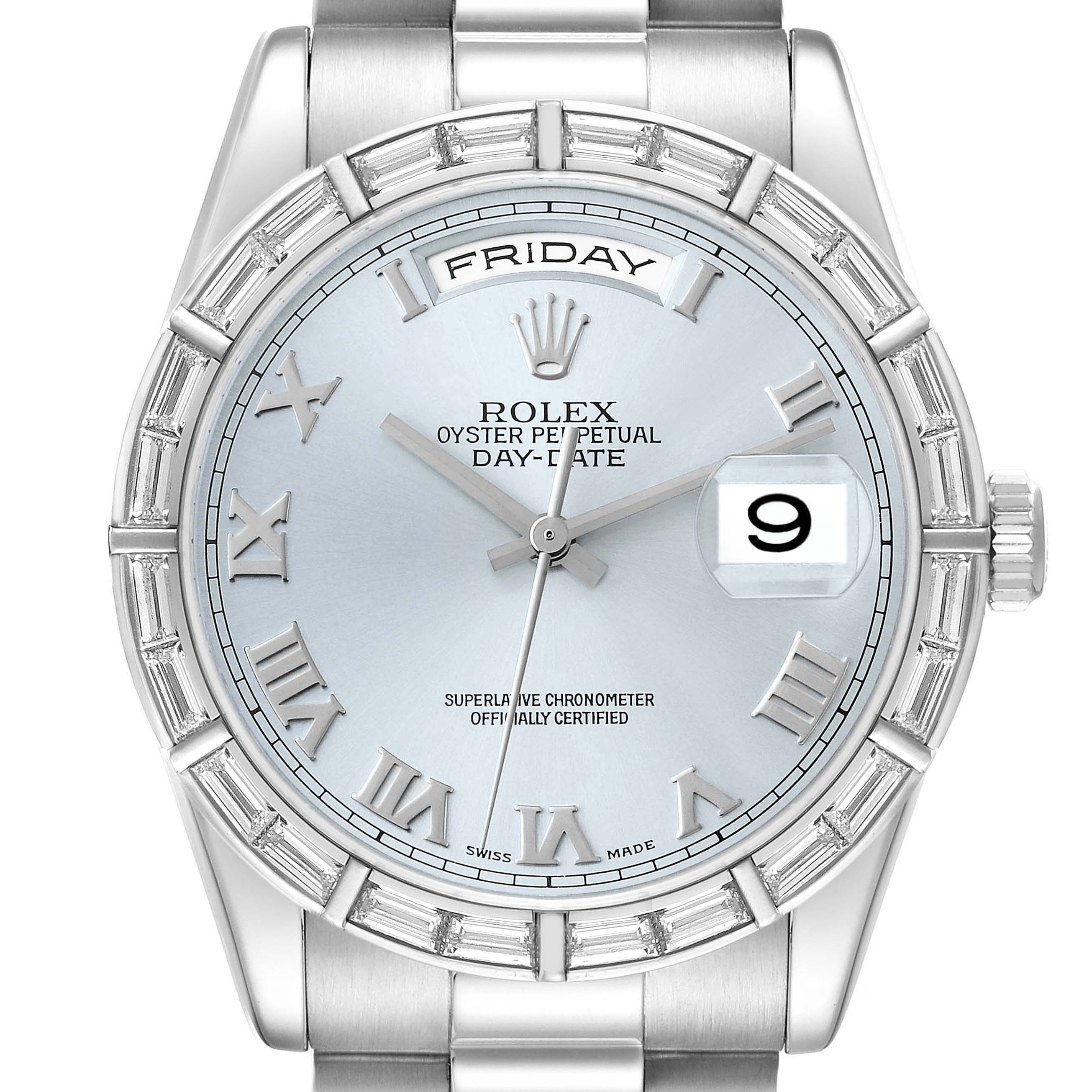 The Rolex President 118366 Men's Platinum Blue Dial model is shown from a front angle, highlighting the dial, bezel, bracelet, and day-date feature.