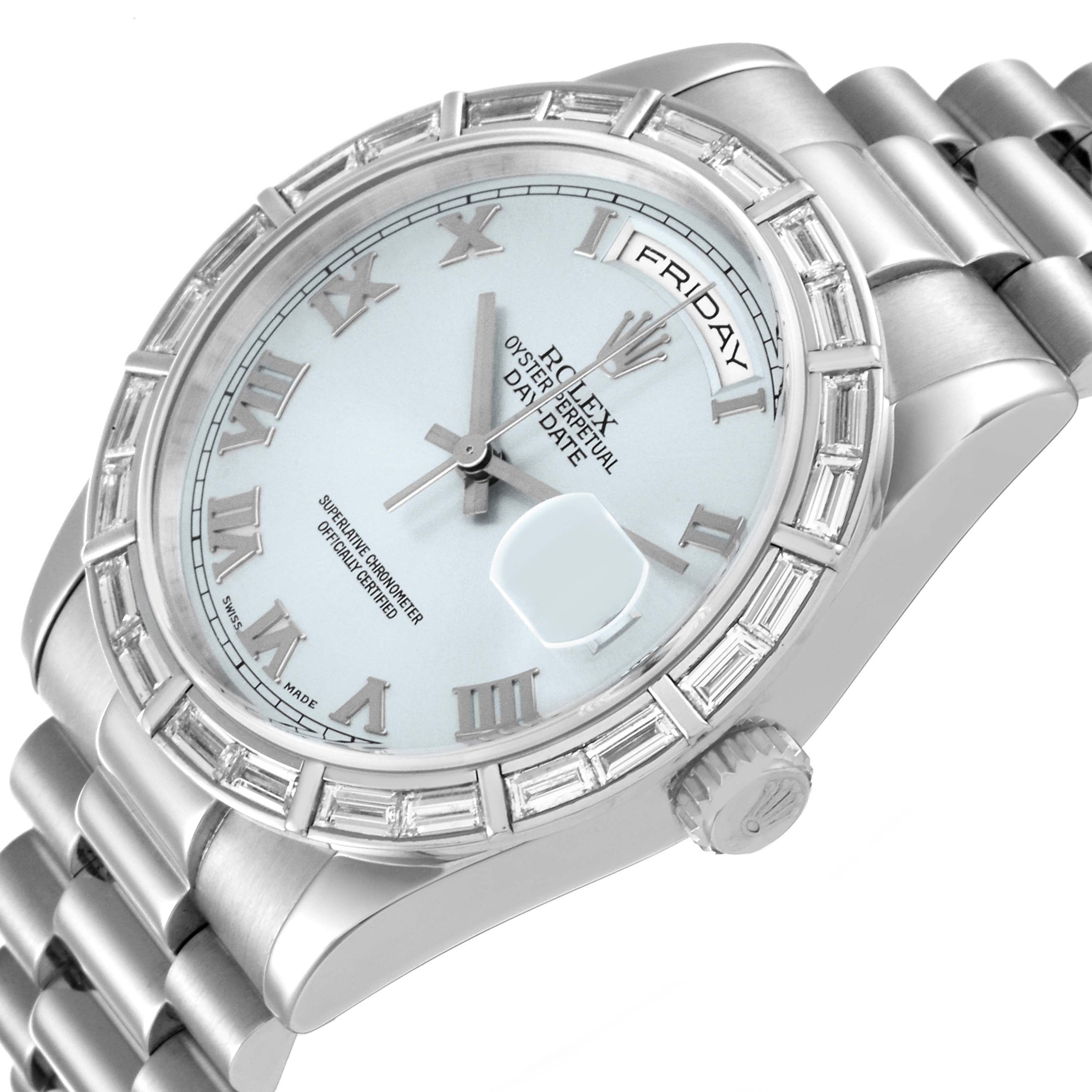 The Rolex President 118366 Men's Platinum Blue Dial watch is shown at a slight angle, highlighting the bezel, dial with Roman numerals, and part of the bracelet.