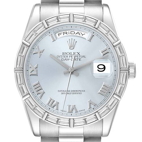 The Rolex President 118366 Men's Platinum Blue Dial model is shown from a top-down angle, highlighting the dial, date, bezel, and part of the bracelet.