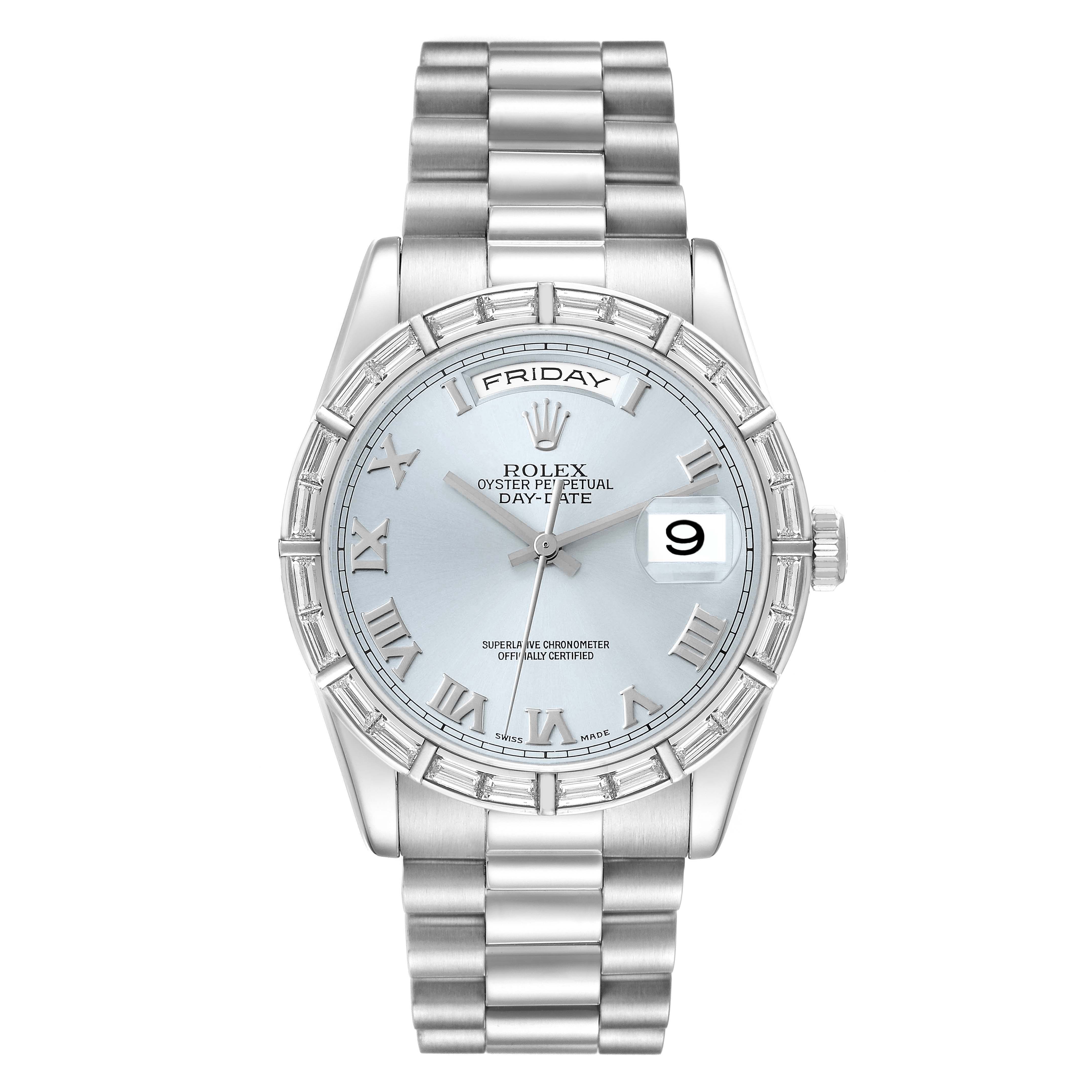 The Rolex President 118366 Men's Platinum Blue Dial model is shown from the front, featuring the dial, bracelet, day, and date windows.