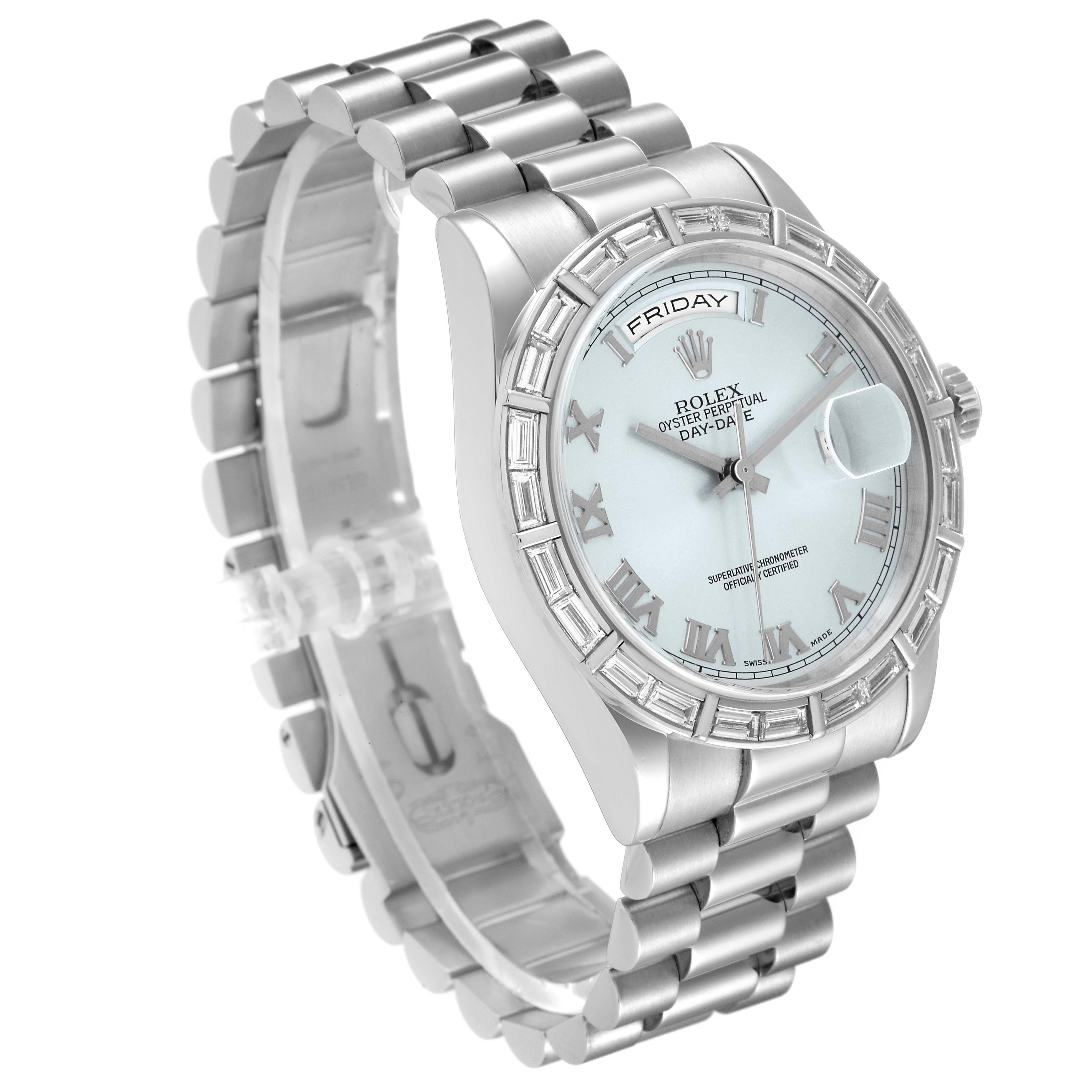 The Rolex President 118366 Men's Platinum Blue Dial watch is shown at a slight angle, displaying the face, bezel, bracelet, and crown clearly.