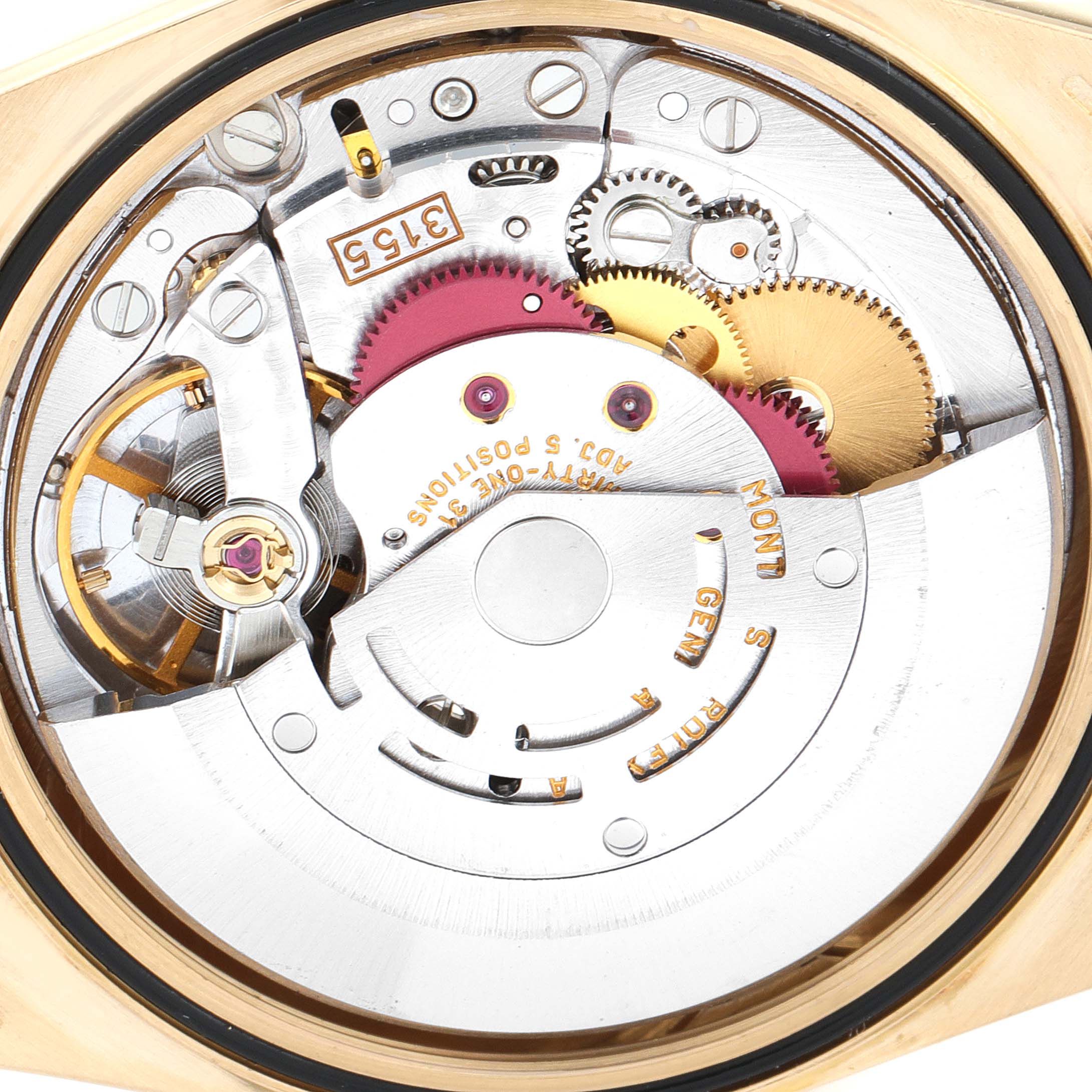 This image shows the intricate internal movement mechanism of a Rolex President 18238 Men's Yellow Gold Champagne Dial 18238 Men's Yellow Gold Champagne Dial model watch from a top-down angle.