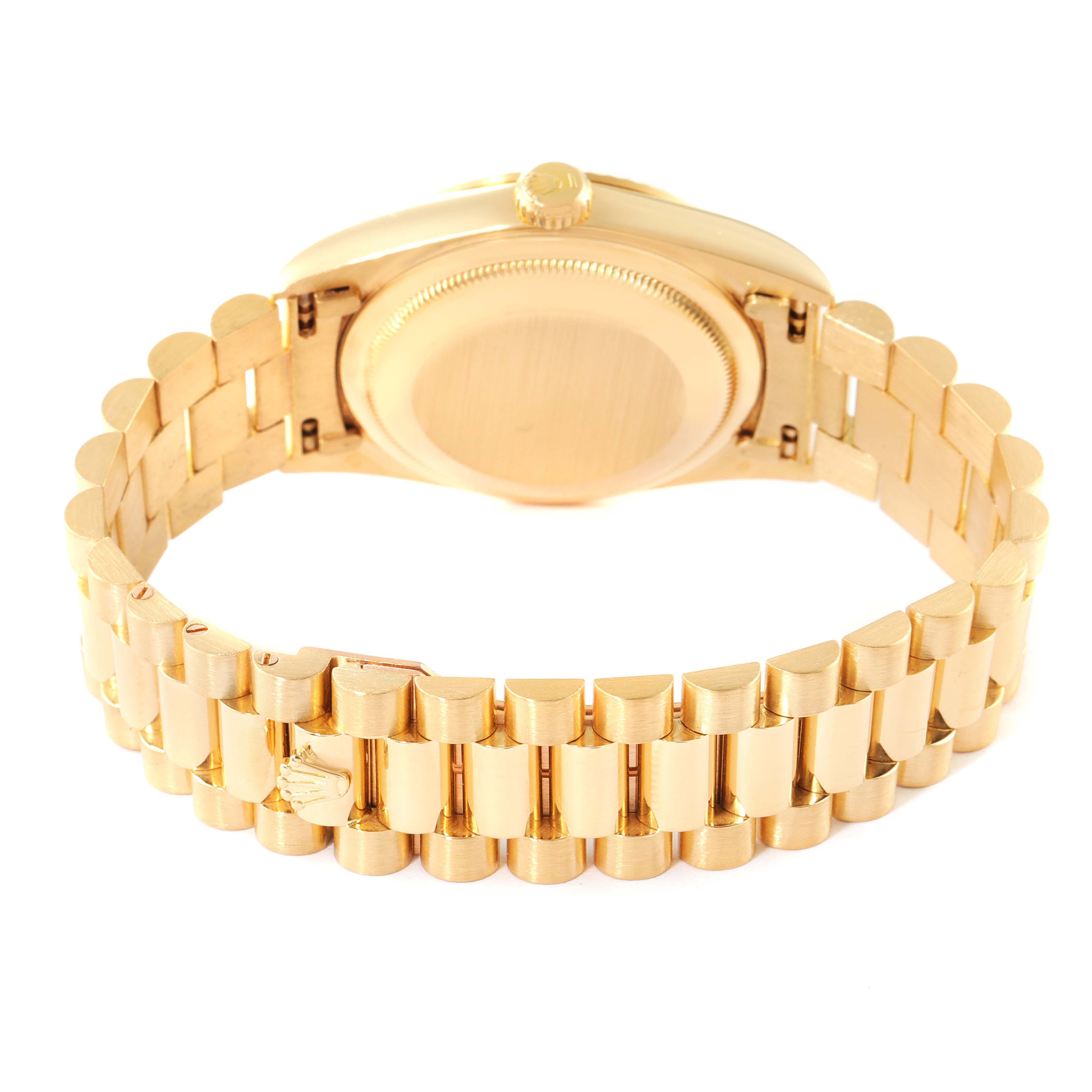 This image shows the back and bracelet of a Rolex President 18238 Men's Yellow Gold Champagne Dial 18238 Men's Yellow Gold Champagne Dial model watch.