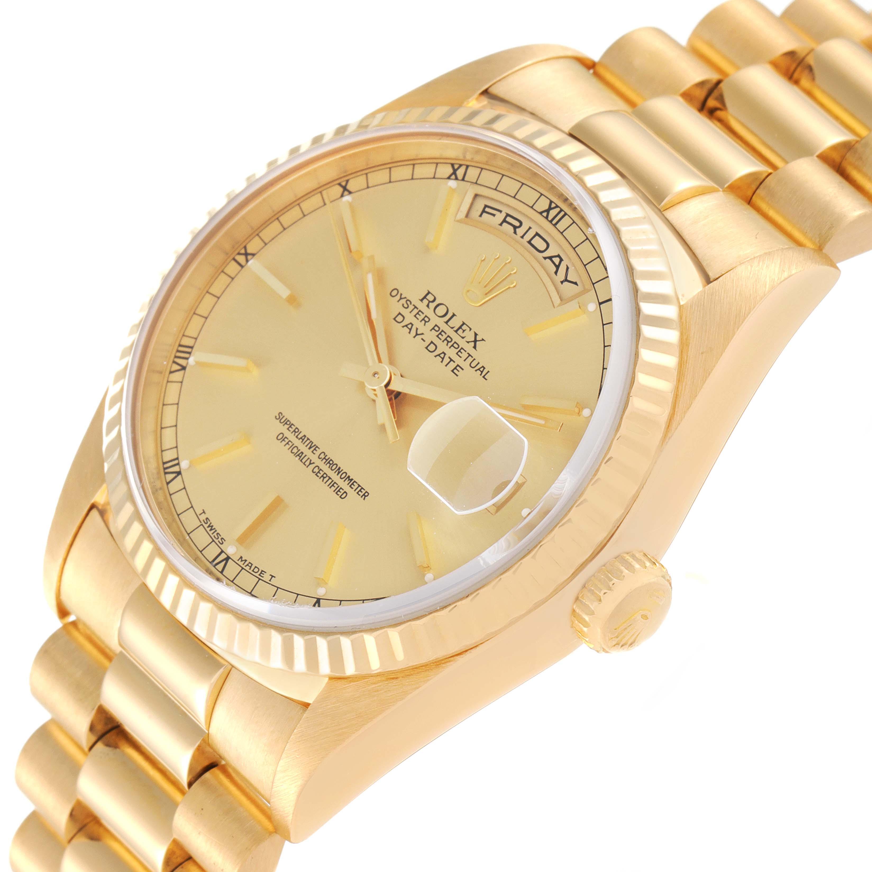 The image shows a close-up angled view of the Rolex President 18238 Men's Yellow Gold Champagne Dial 18238 Men's Yellow Gold Champagne Dial model, highlighting the dial, bezel, crown, and part of the bracelet.