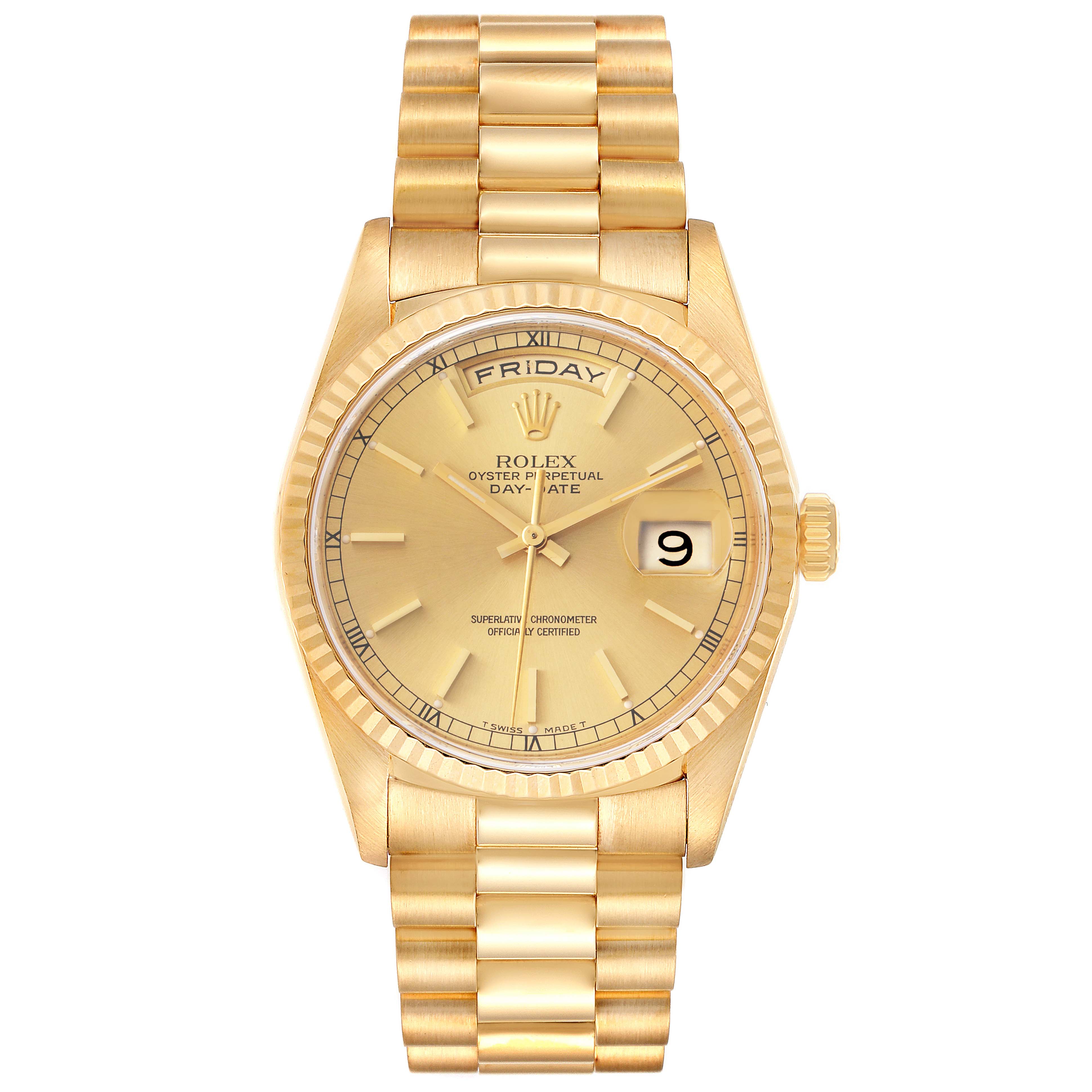 The image shows the front view of a Rolex President 18238 Men's Yellow Gold Champagne Dial 18238 Men's Yellow Gold Champagne Dial model watch, featuring the dial, hands, day-date display, and bracelet.