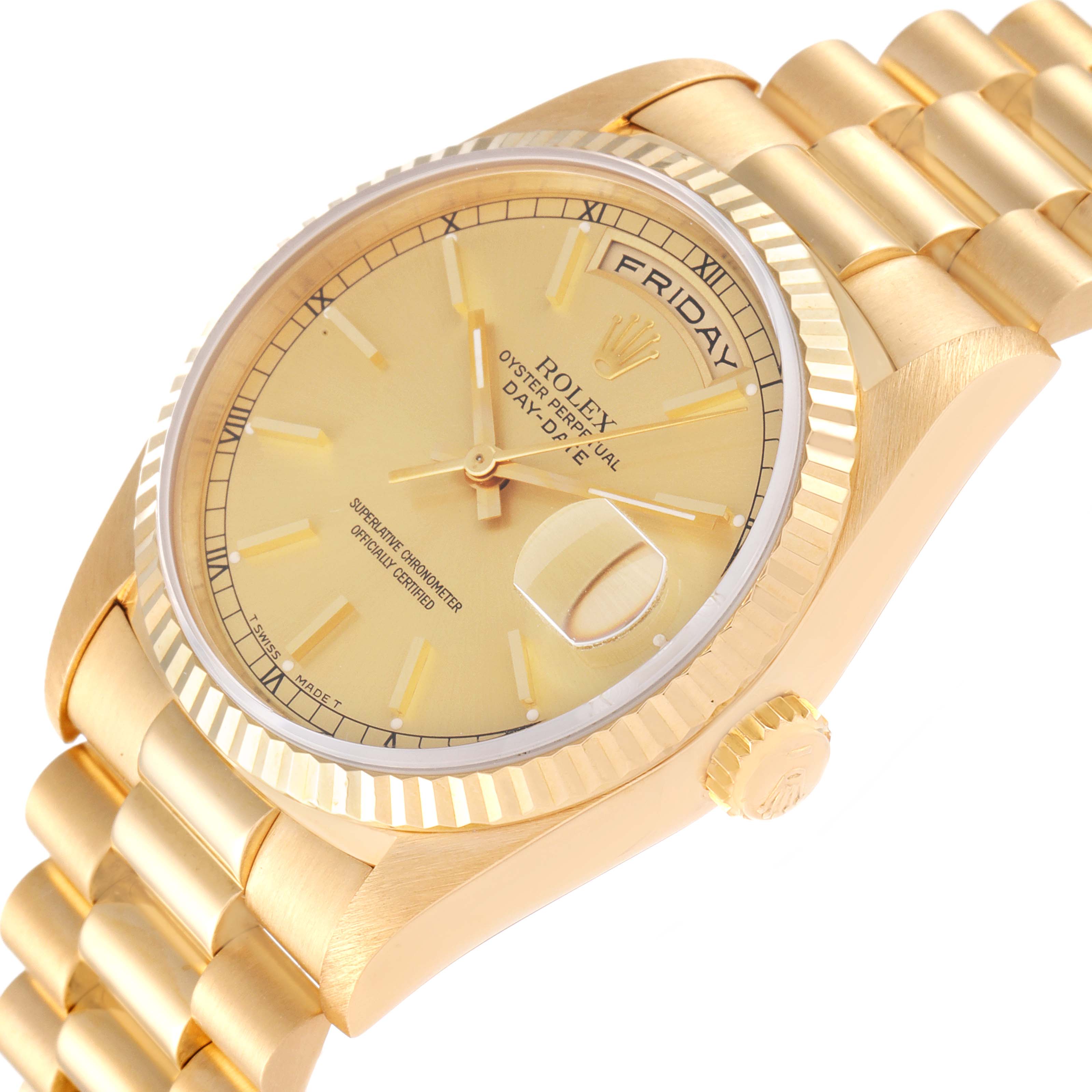 This image shows a side view of a gold Rolex President 18238 Men's Yellow Gold Champagne Dial 18238 Men's Yellow Gold Champagne Dial model watch, highlighting the dial, day-date display, fluted bezel, and bracelet.