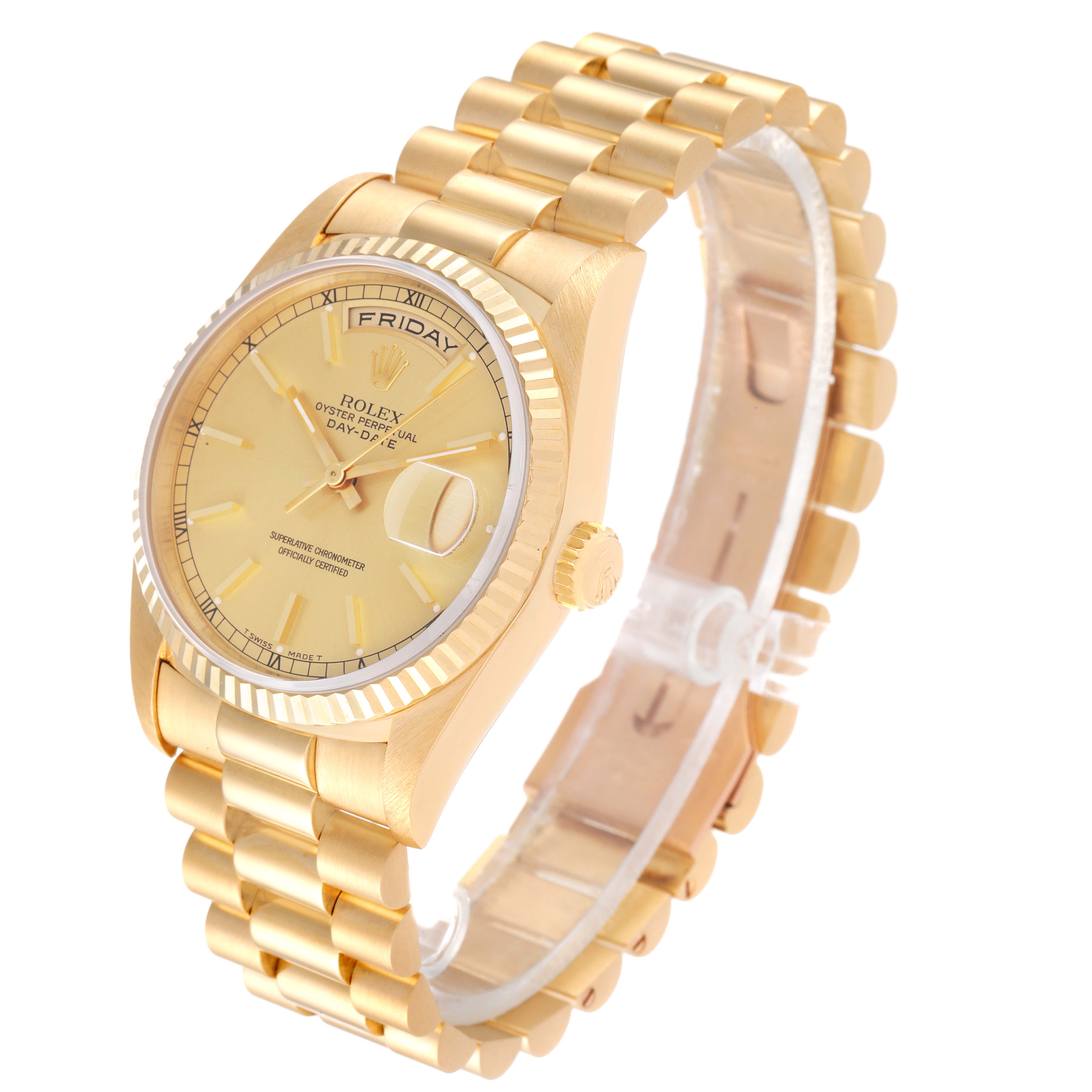 The Rolex President 18238 Men's Yellow Gold Champagne Dial 18238 Men's Yellow Gold Champagne Dial model watch is displayed at an angle showing the dial, case, bezel, and part of the bracelet.