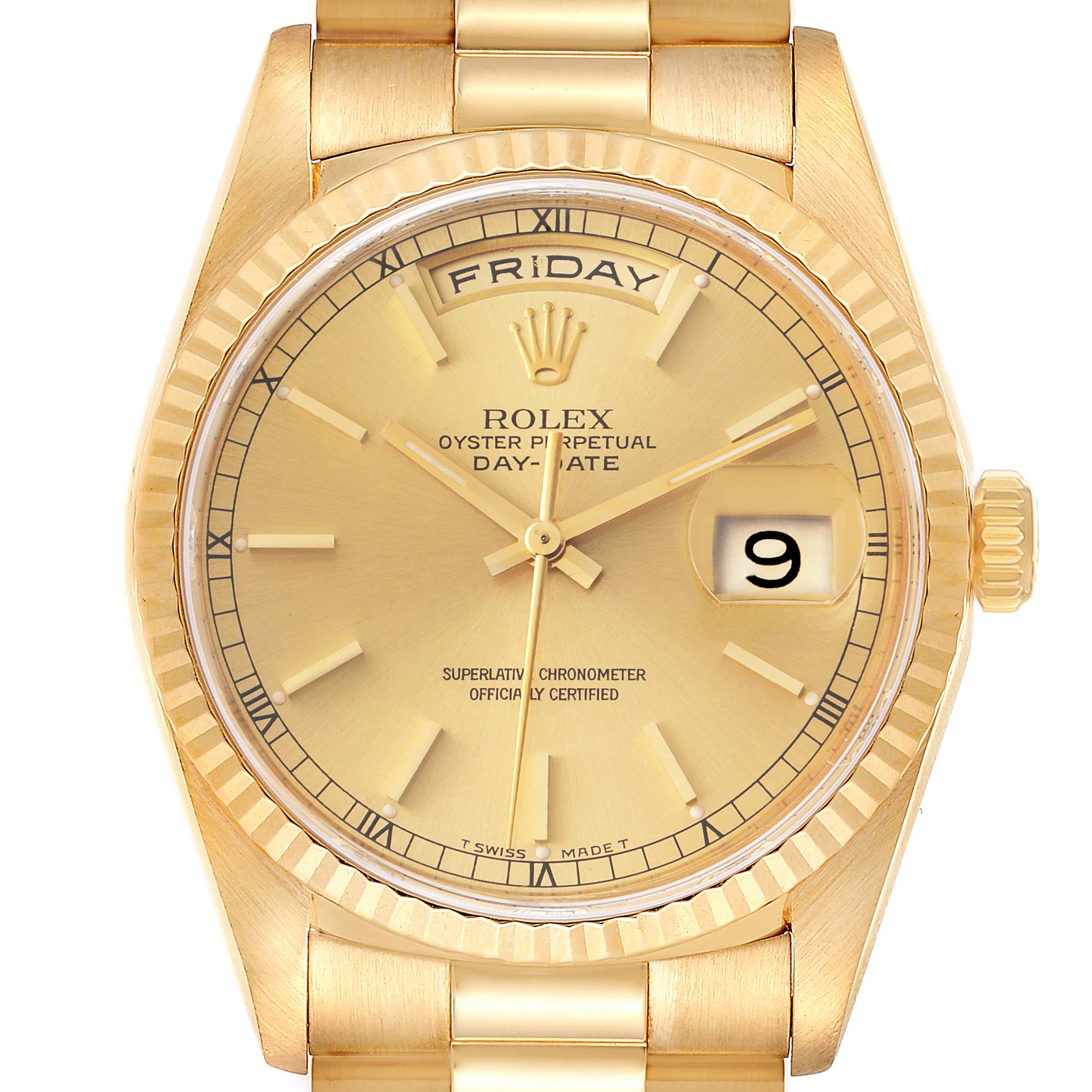 This image shows a close-up of the Rolex President 18238 Men's Yellow Gold Champagne Dial 18238 Men's Yellow Gold Champagne Dial Day-Date watch face and part of the bracelet.