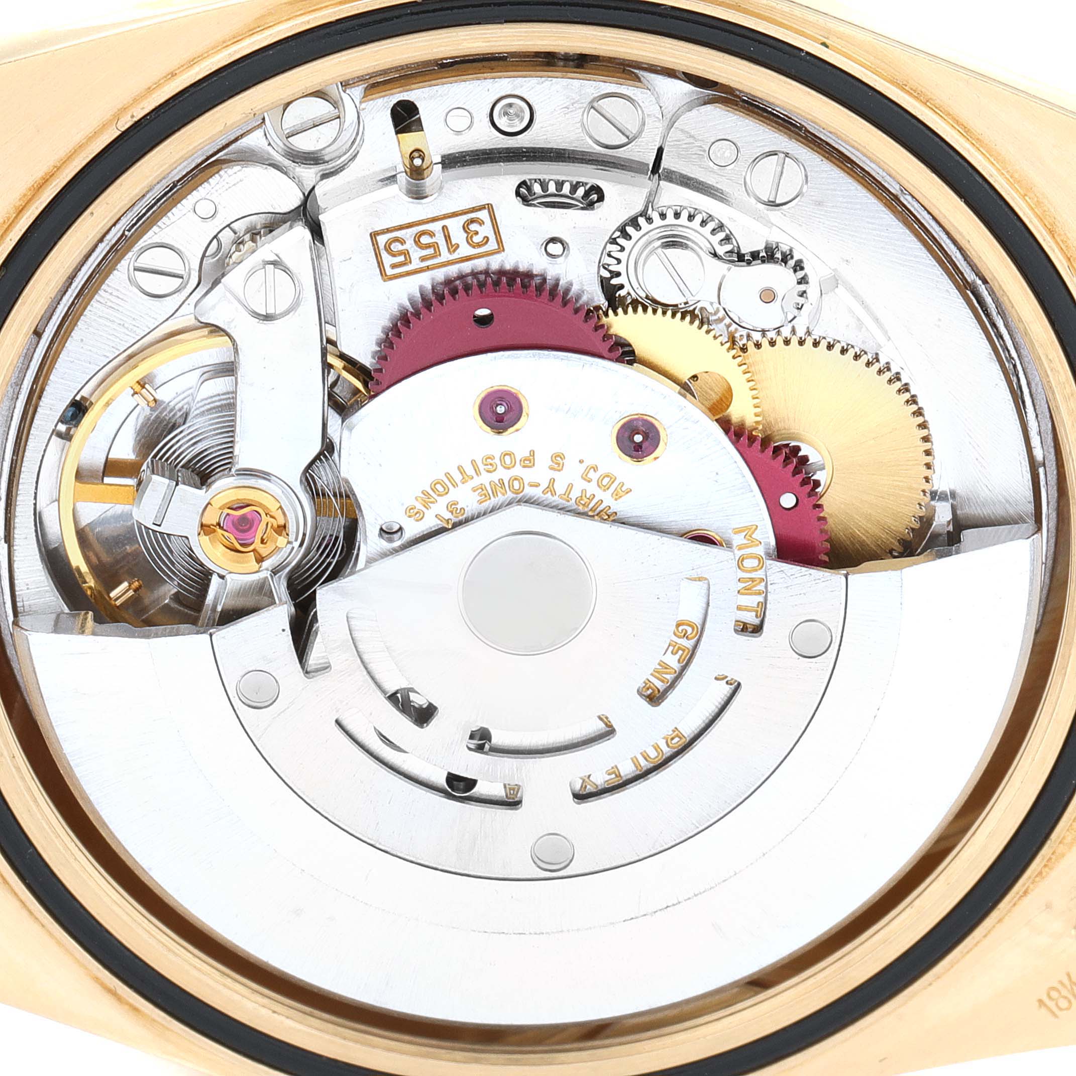 This image shows the internal mechanical movement of a Rolex President 18238 Men's Yellow Gold Champagne Dial 18238 Men's Yellow Gold Champagne Dial model watch, captured from the back.