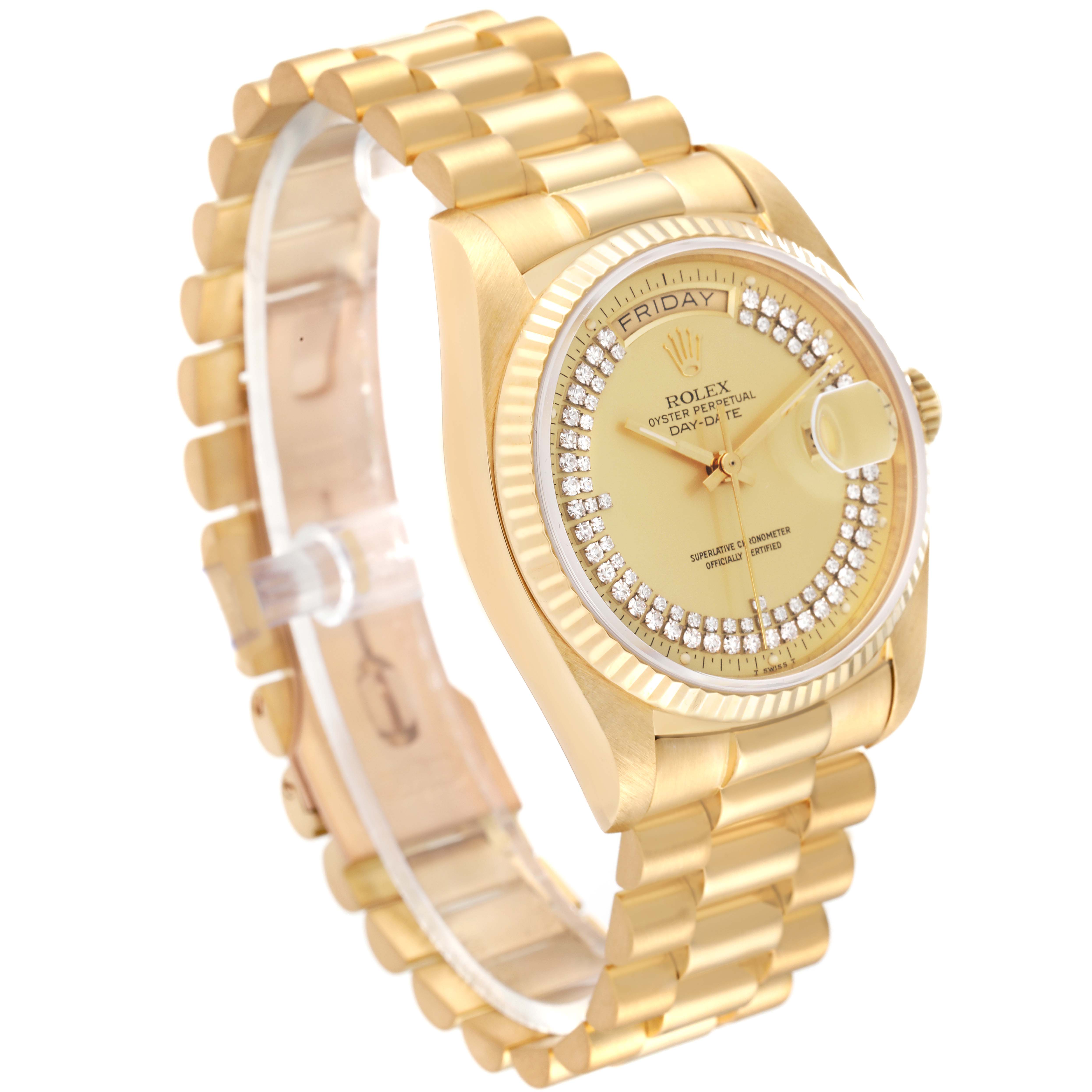 The image shows a Rolex President 18038 Men's Yellow Gold Champagne Dial 18038 Men's Yellow Gold Champagne Dial model watch at a three-quarter angle, highlighting its gold bracelet, bezel, and dial.