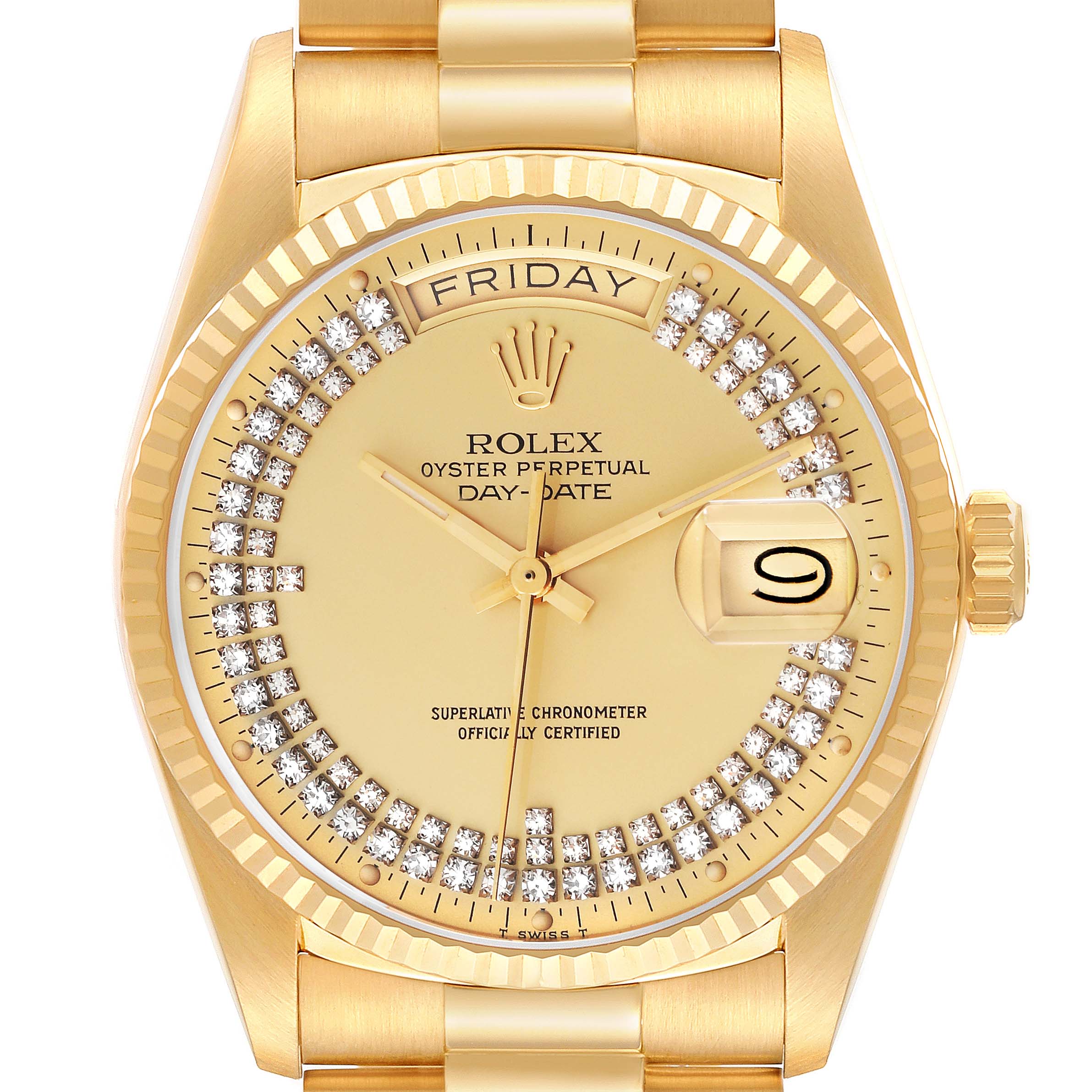 The image shows a front view of a Rolex President 18038 Men's Yellow Gold Champagne Dial 18038 Men's Yellow Gold Champagne Dial model watch, highlighting its face, bezel, and part of the strap.