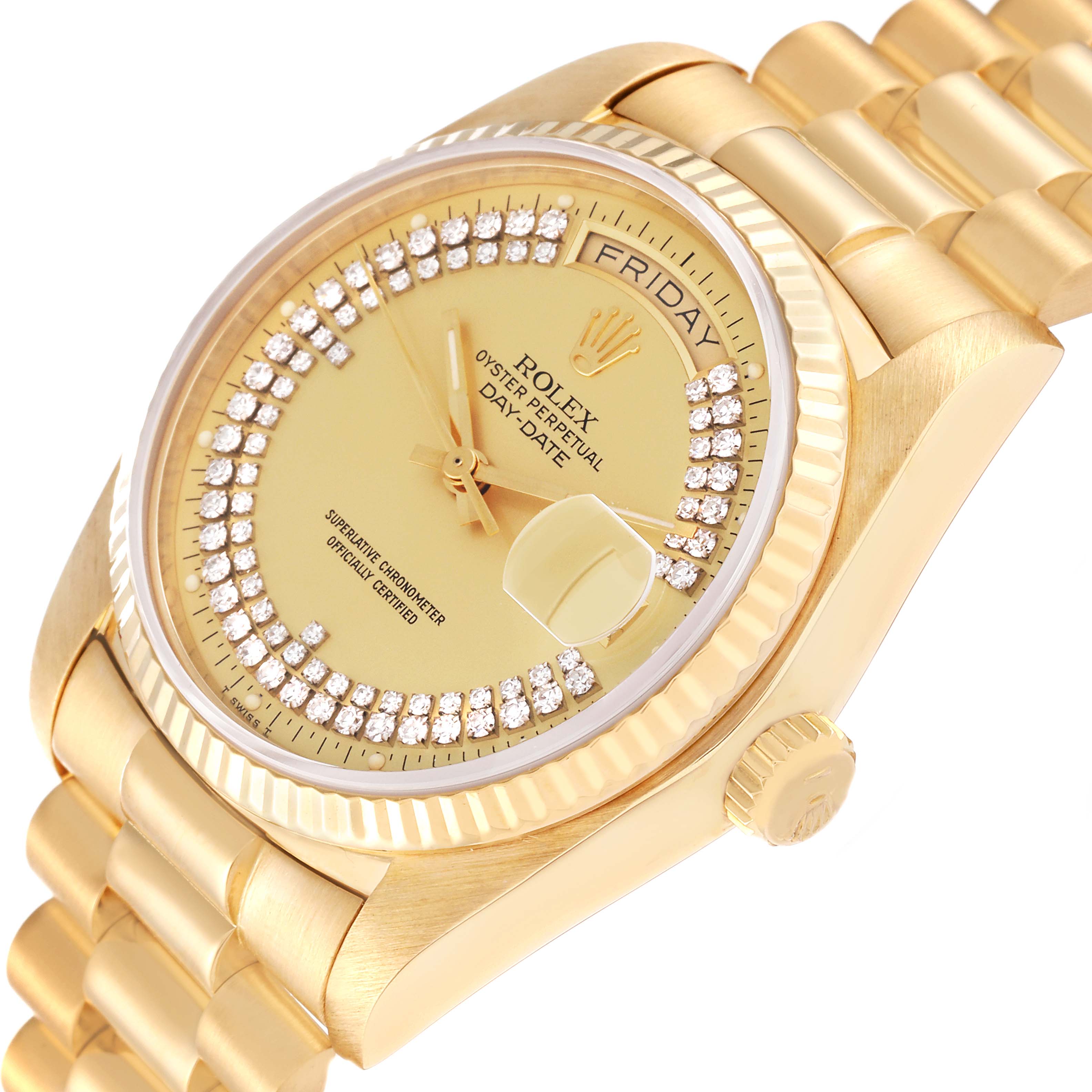 An angled view of the gold Rolex President 18038 Men's Yellow Gold Champagne Dial 18038 Men's Yellow Gold Champagne Dial model shows the dial, bezel, crown, and part of the bracelet.