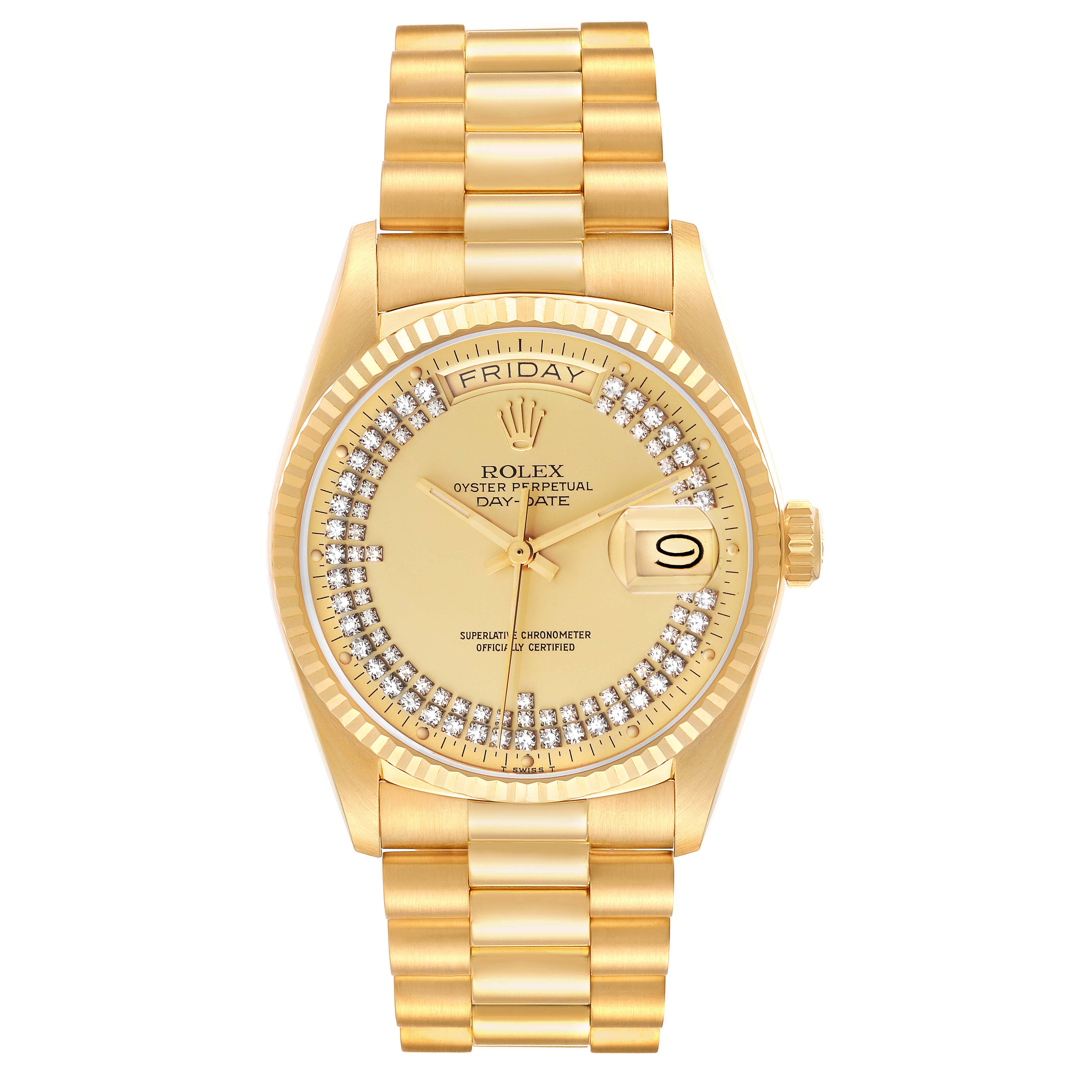 This image shows a frontal view of the Rolex President 18038 Men's Yellow Gold Champagne Dial 18038 Men's Yellow Gold Champagne Dial model watch, highlighting the bracelet, dial, hands, and date display.