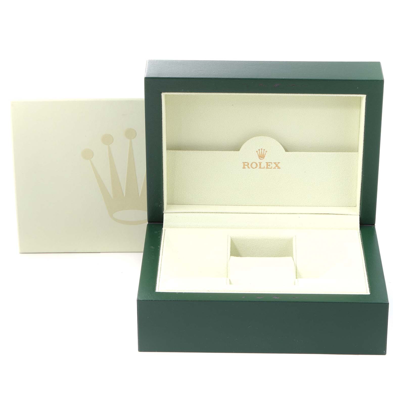 The image shows an open green and cream Rolex Sea-Dweller 16600 Men's Stainless Steel Black Dial 16600 Men's Stainless Steel Black Dial watch box with the logo and branding visible inside and on the outer cover.