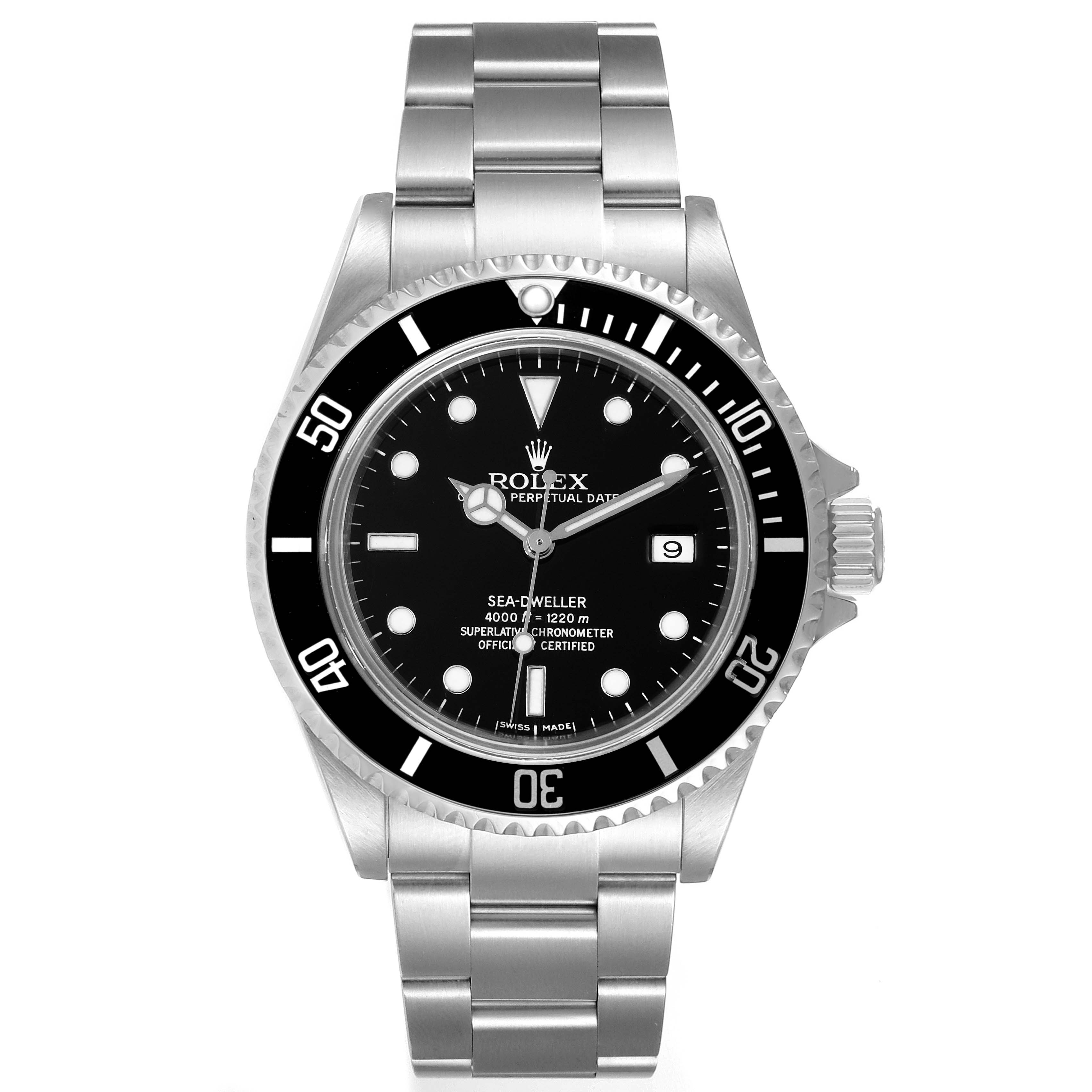 The image shows a front-facing view of a Rolex Sea-Dweller 16600 Men's Stainless Steel Black Dial 16600 Men's Stainless Steel Black Dial watch, displaying its dial, bezel, and bracelet.