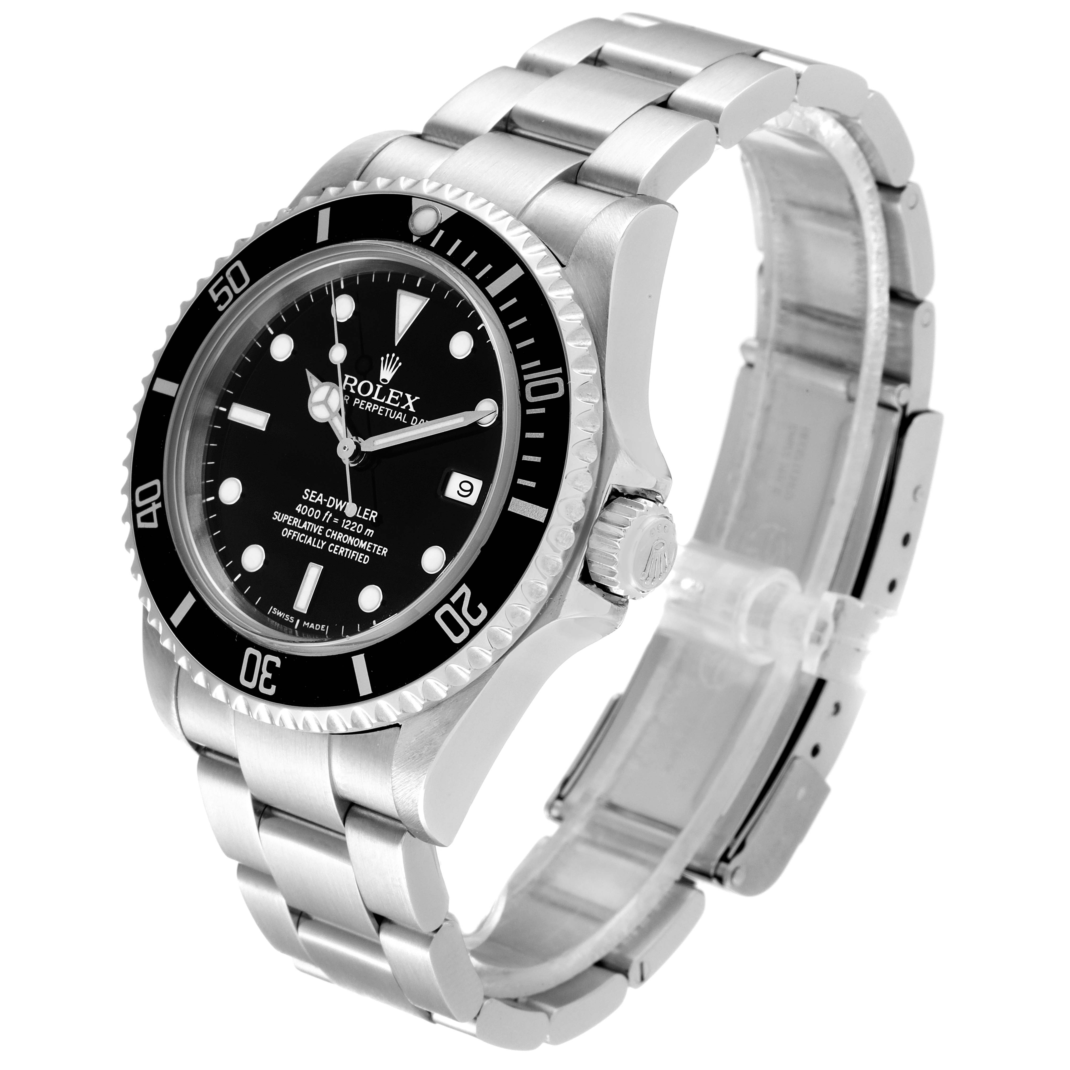 The Rolex Sea-Dweller 16600 Men's Stainless Steel Black Dial 16600 Men's Stainless Steel Black Dial watch is angled to show its face, bezel, crown, and stainless steel bracelet.