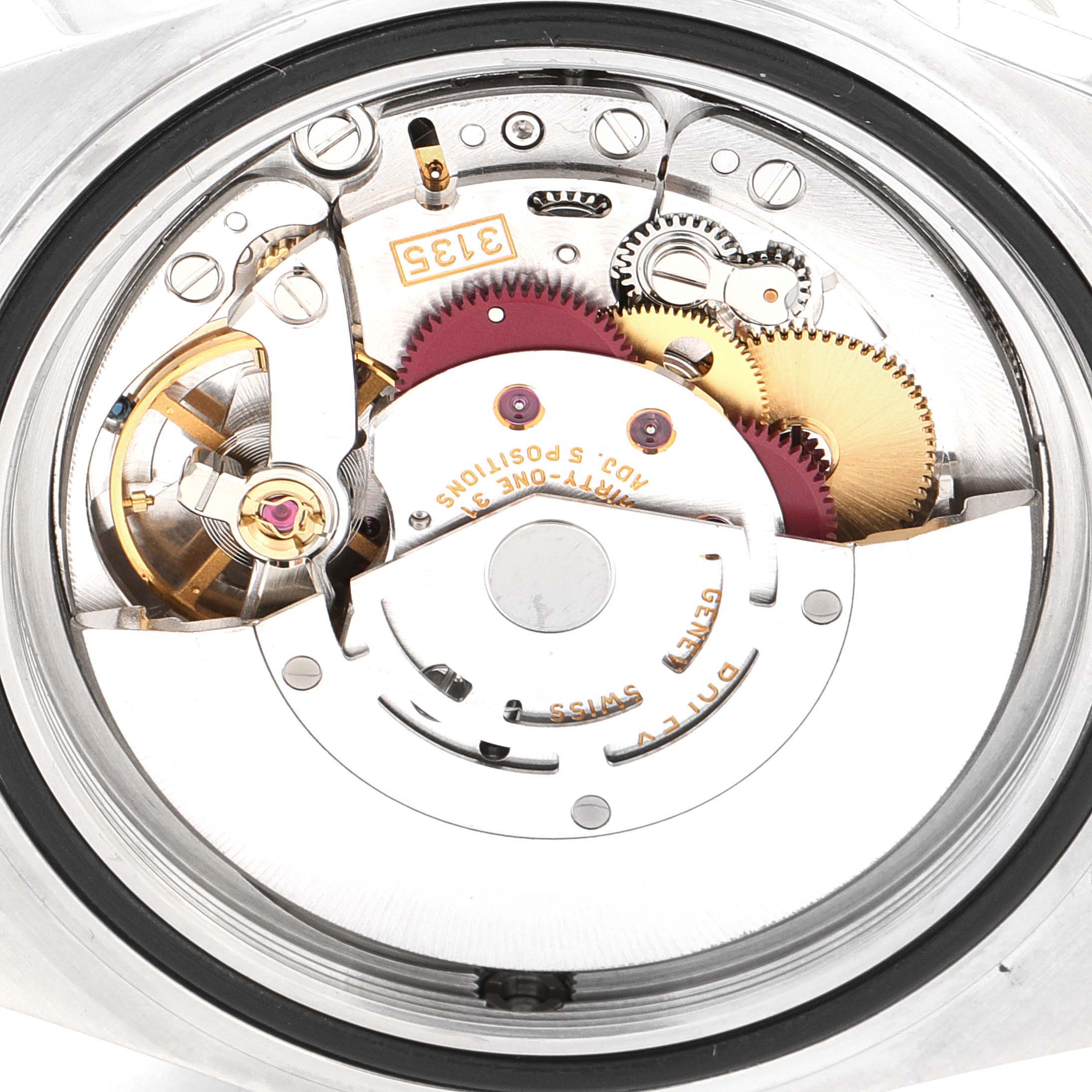 The image shows a close-up of the movement of a Rolex Sea-Dweller 16600 Men's Stainless Steel Black Dial 16600 Men's Stainless Steel Black Dial watch, detailing gears, jewels, and the balance wheel.