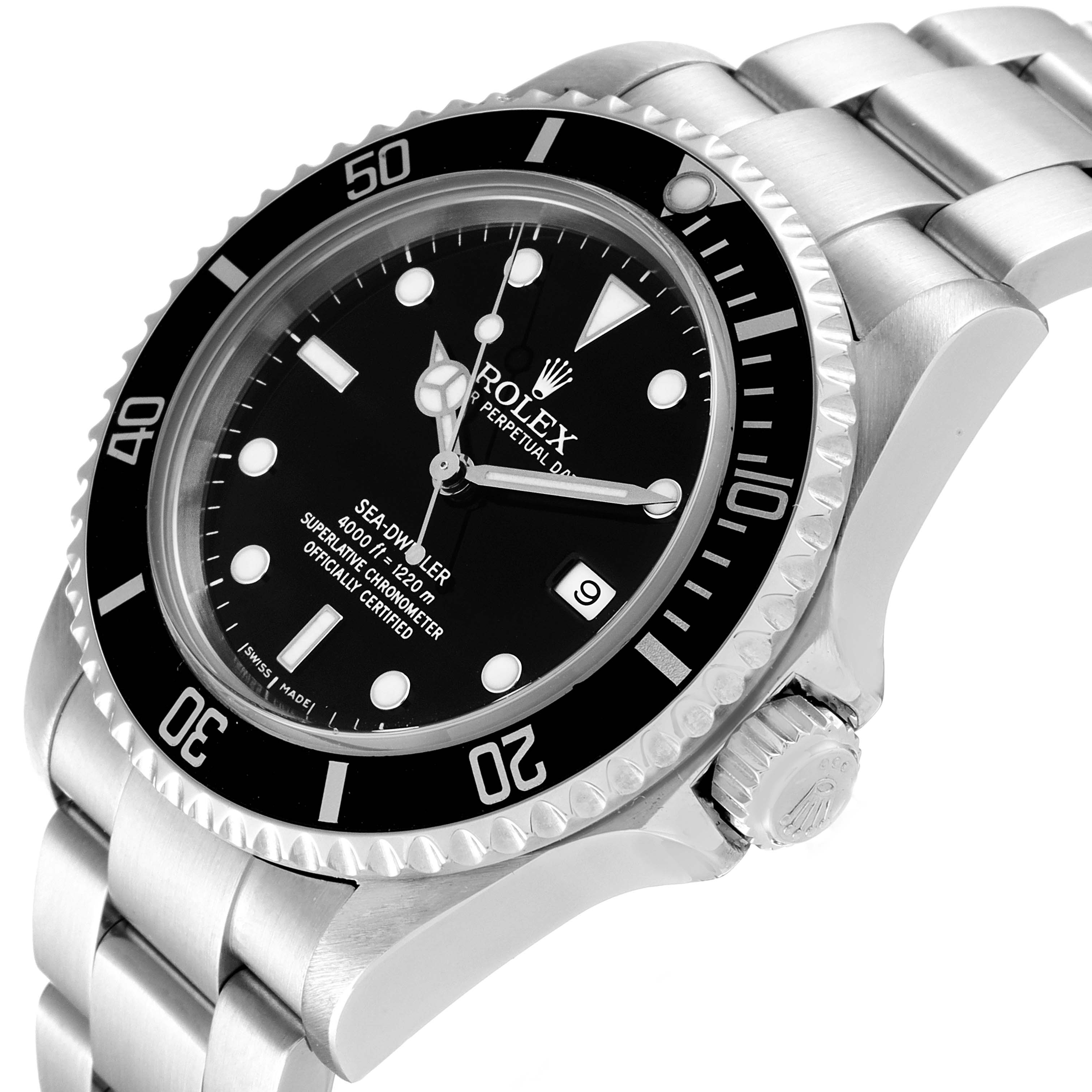 This image shows a side angle of the Rolex Sea-Dweller 16600 Men's Stainless Steel Black Dial 16600 Men's Stainless Steel Black Dial, highlighting the watch face, bezel, crown, and part of the bracelet.