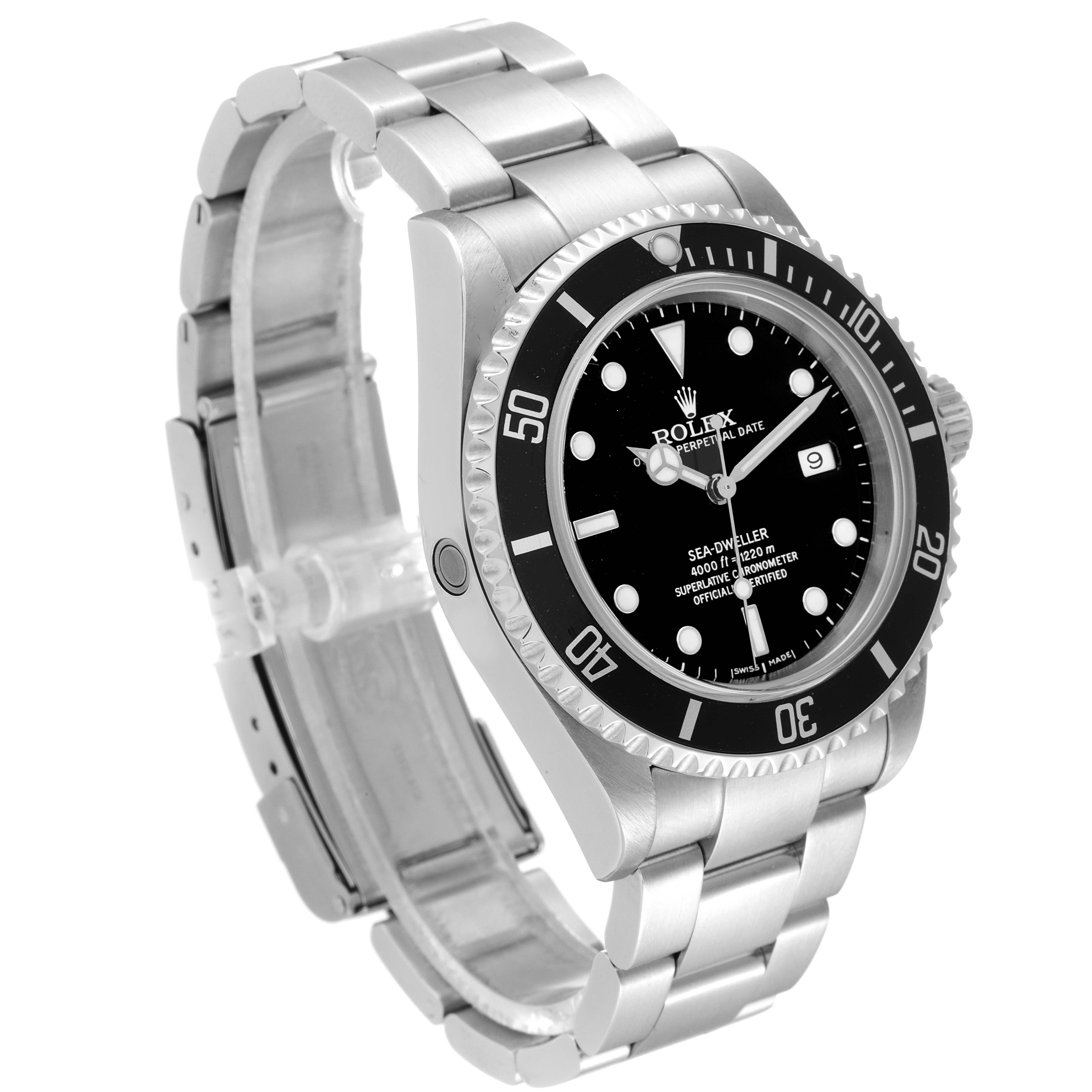 The image shows a Rolex Sea-Dweller 16600 Men's Stainless Steel Black Dial 16600 Men's Stainless Steel Black Dial watch at a three-quarter angle, highlighting the dial, bezel, and bracelet.